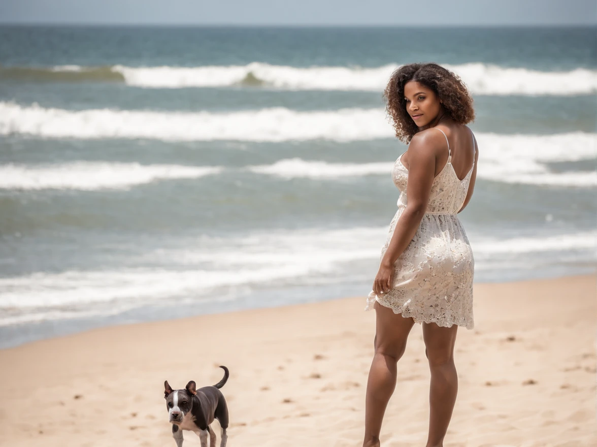 (melhor qualidade,alto:1.2),(ultra-detalhado),(Realistic:1.37),(HDR,UHD),(Physically-based rendering),(Realistic), (hiper-realismo), (fotorrealista), Black woman in white and flowery dress and loose body well with strong and wearing a sneaker, passeando com seu cachorro pit-bull marrom pela areia da praia de Copacabana, dia ensolarado no Brasil