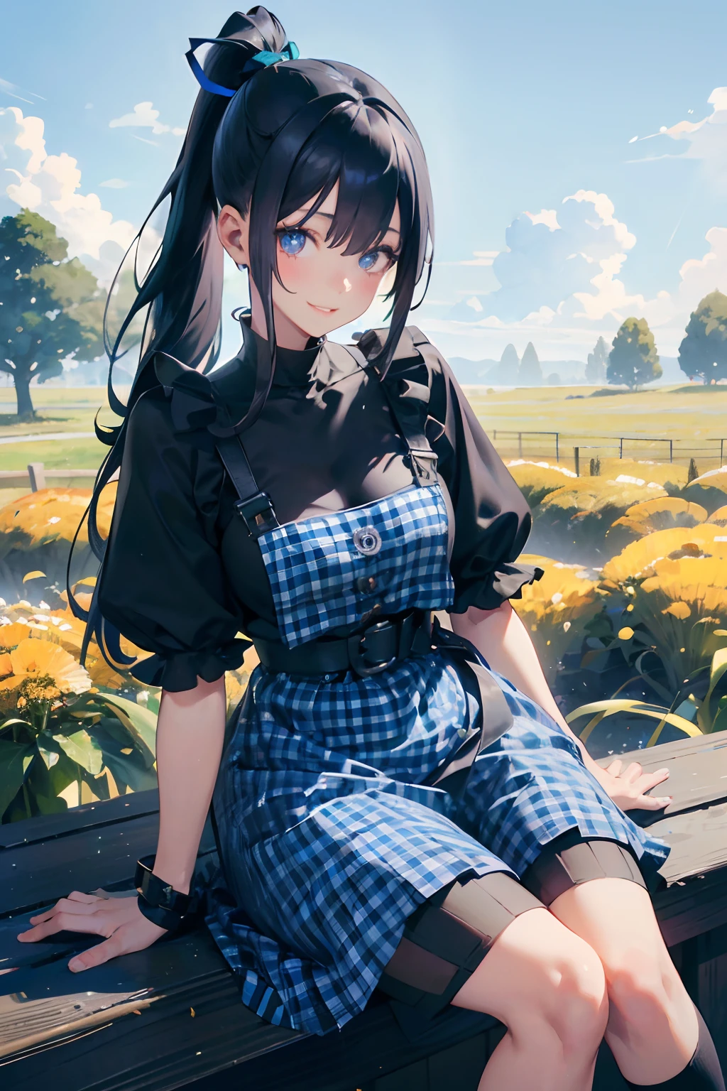 a 20 yo woman、Black blue Hair、poneyTail、Big smile、Blue gingham check dress、full bodyesbian、(hi-top fade:1.3)、dark themed、Muted Tones、Subdued Color、highly contrast、Green meadow background、Have autumn fruits、apple、(natural skin textures、Hyper-Realism、Soft light、sharp)