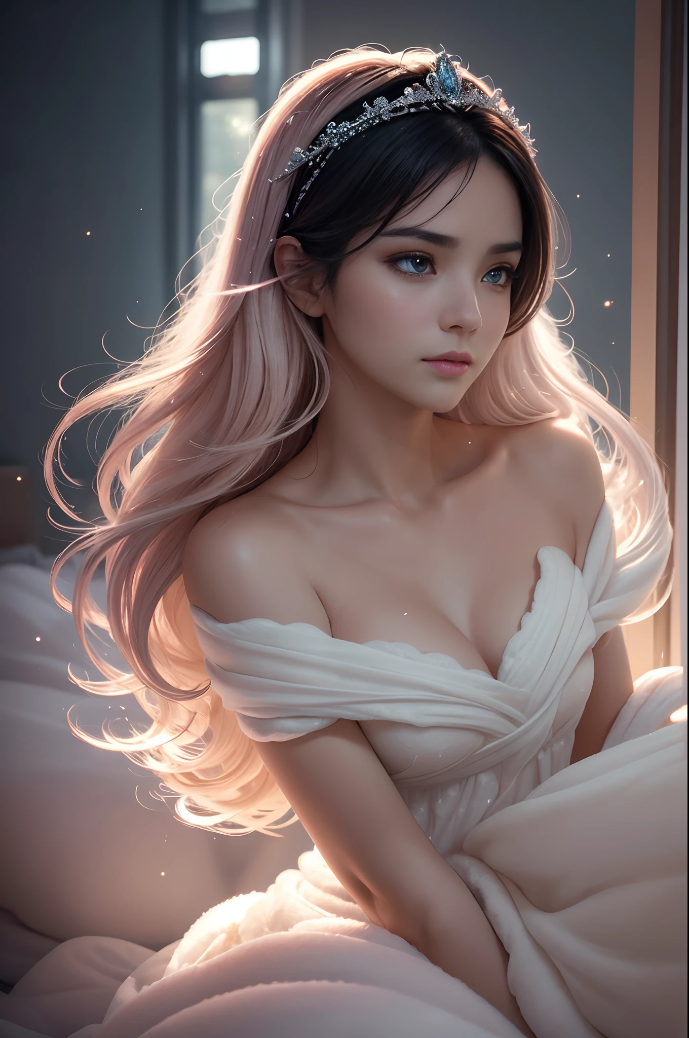 (masterpiece:1.2)、top-quality、(illustratio:1.2)、(ultra-detailliert)、Eye Focus、(Masterfully crafted Glow、pink lens flare)、(Cinematic background)、Hyper-detailing、(delicate detail)、(intricate detailes)、octan render、HDR、(Hyper-detailing:1.15)、(softlight:1.2)、extremely beautiful girl、(super model:1.3)、Woman made up of paint、entirely paint、Splat、Splash、(cabelos preto e longos:1.1)、(radiant eyes)、((make - up))、(cinematic masterpiece)、Delicate and powerful、 (Cinematic headlight)、((Caustic))、dynamic ungle、Beautiful detailed glow、ambient occlusion、ambient lights、ray trace reflection、(best illumination、extremely delicate and beautiful)、((ciinematic light))、(The soft:2)、vivid、highly contrast、back lighting、huge tit、Complex detailed EABA、red cloak,Silver tiara