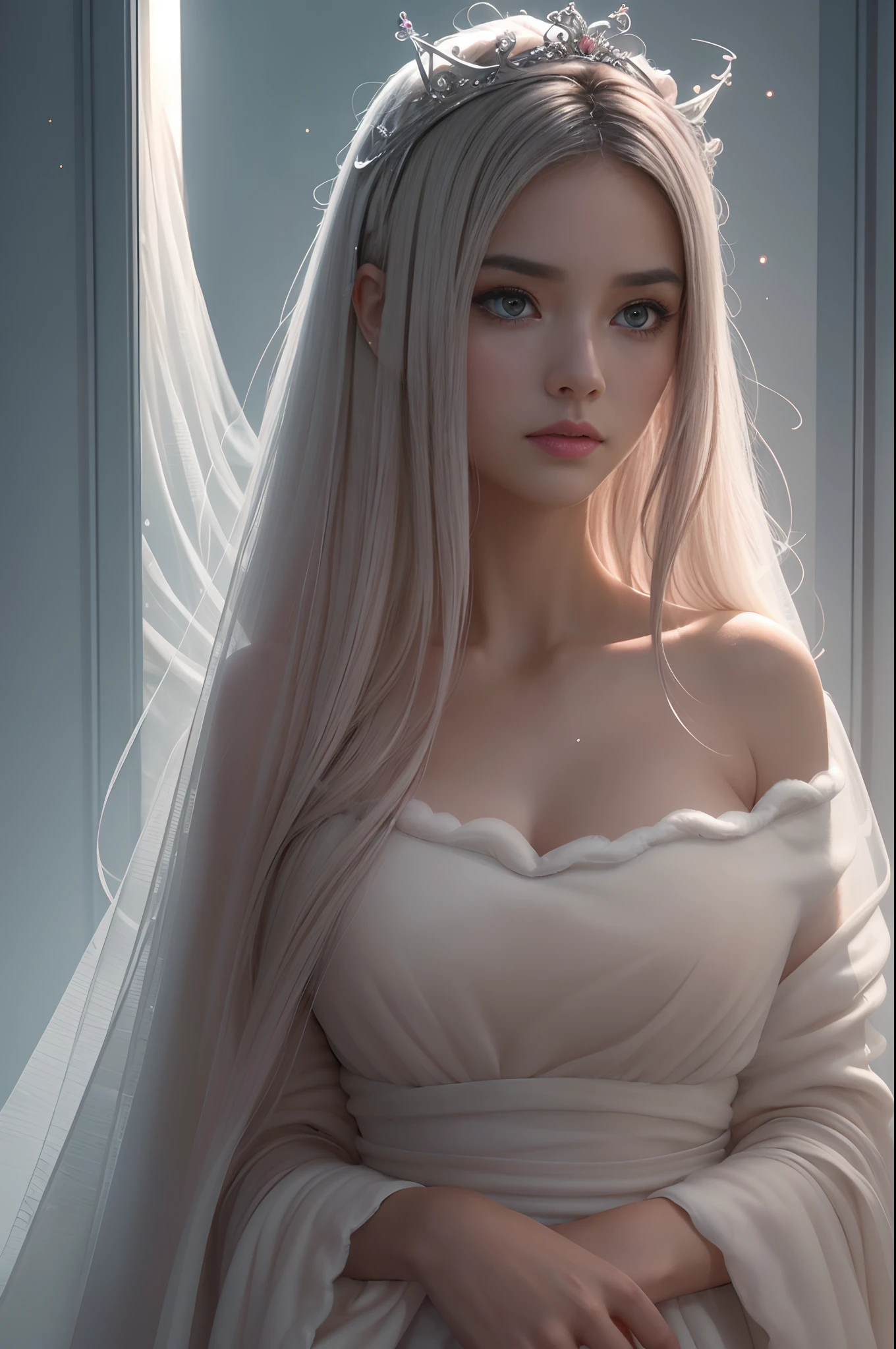 (masterpiece:1.2)、top-quality、(illustratio:1.2)、(ultra-detailliert)、Eye Focus、(Masterfully crafted Glow、pink lens flare)、(Cinematic background)、Hyper-detailing、(delicate detail)、(intricate detailes)、octan render、HDR、(Hyper-detailing:1.15)、(softlight:1.2)、extremely beautiful girl、(super model:1.3)、Woman made up of paint、entirely paint、Splat、Splash、(cabelos preto e longos:1.1)、(radiant eyes)、((make - up))、(cinematic masterpiece)、Delicate and powerful、 (Cinematic headlight)、((Caustic))、dynamic ungle、Beautiful detailed glow、ambient occlusion、ambient lights、ray trace reflection、(best illumination、extremely delicate and beautiful)、((ciinematic light))、(The soft:2)、vivid、highly contrast、back lighting、huge tit、Complex detailed EABA、red cloak,Silver tiara