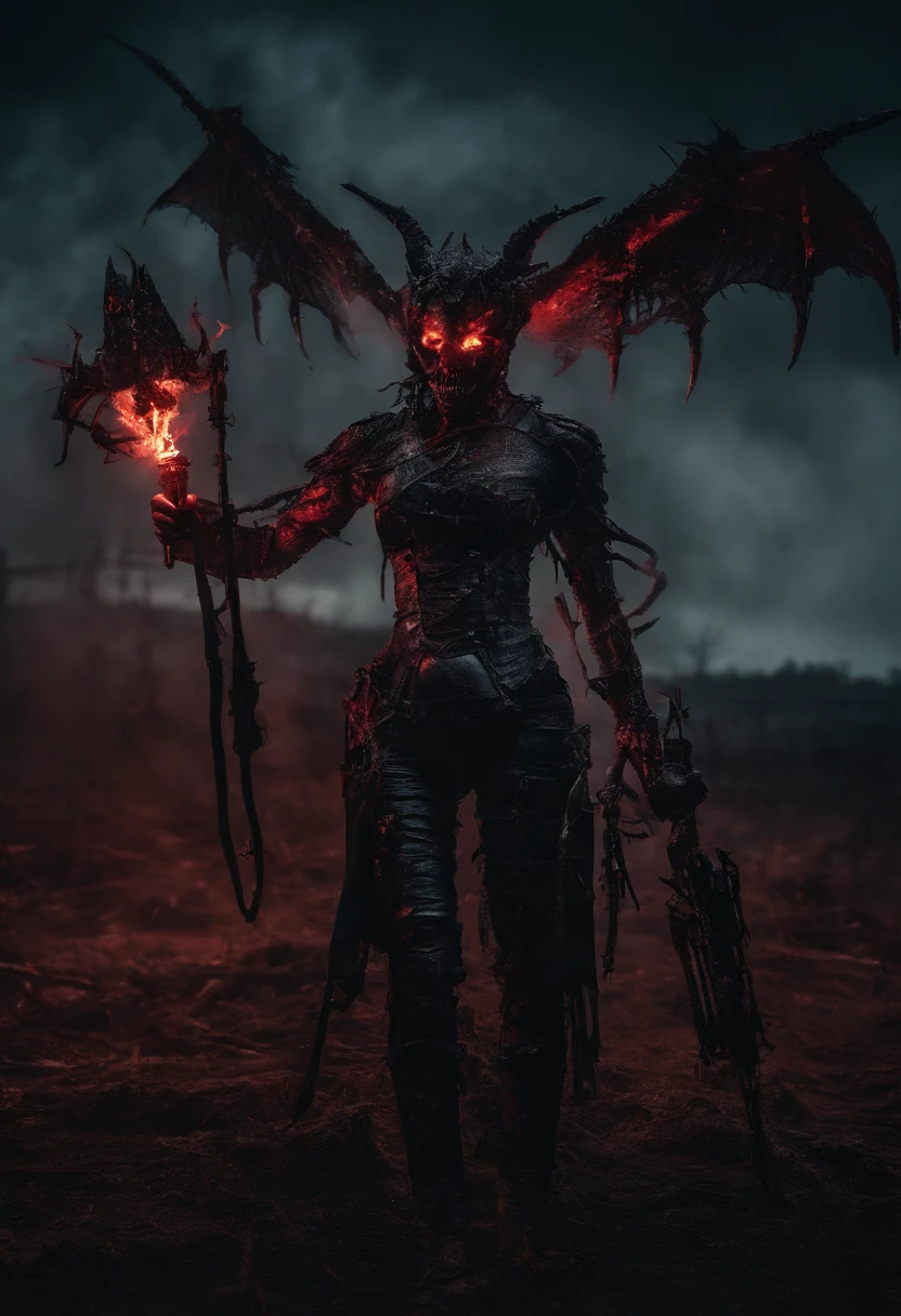 Beautiful succubus warrior dressed in neon mech，Holding a staff on a bloody field, glowing light eyes, Demon wings, Wide shot, Biomechanical, eerie, Creepy, nightmarish, Very bright neon color, Light particles, with light glowing, Winner of the Cinematography of the Year, the world on fire, Military photography of post-apocalyptic hellish landscapes, Photography epic of the year, Flames on the horizon, epic cinematic shot, Pure form, intricately details, 8K post-production, high resolution, Super detail,