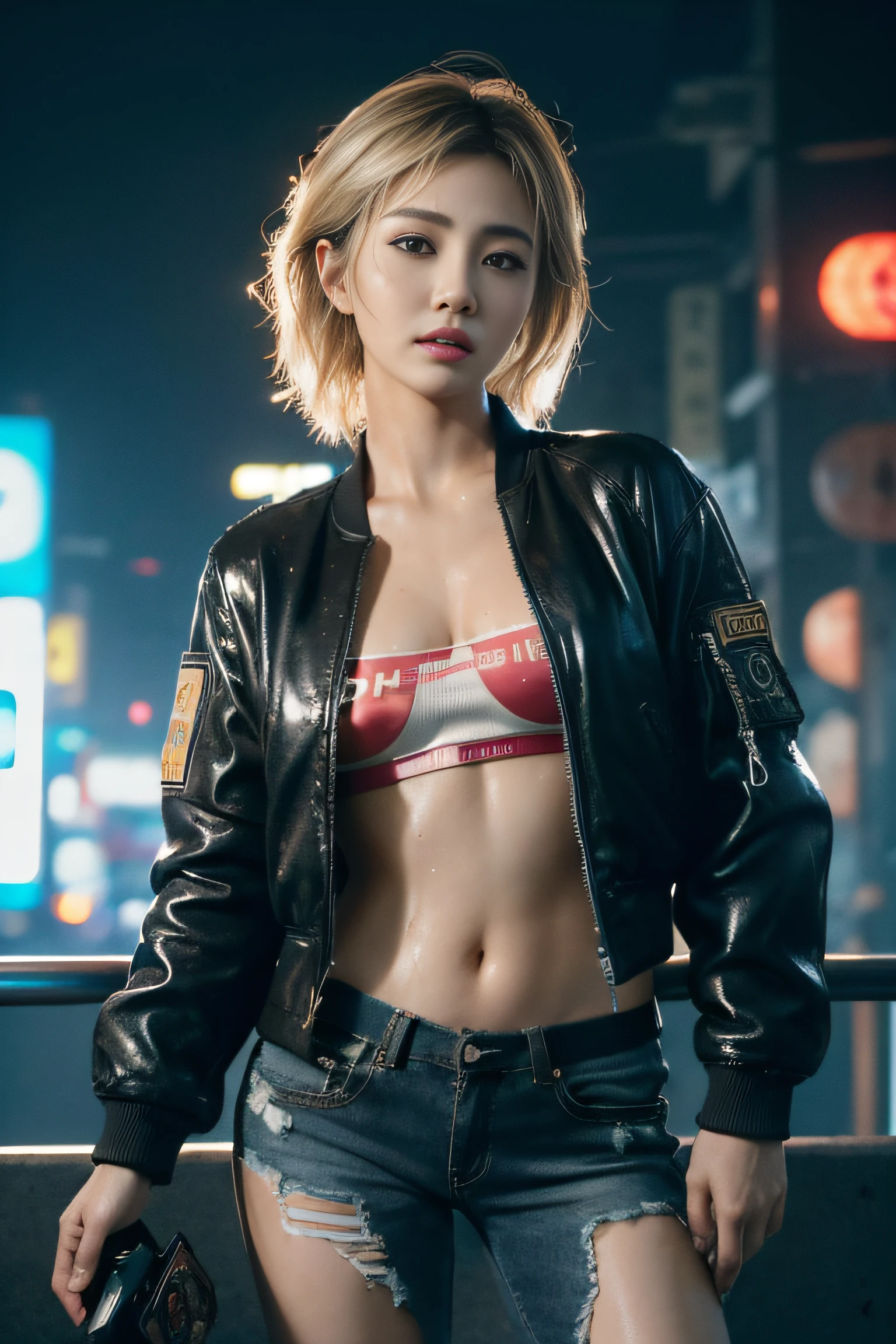 (masterpiece:1.2), ultra detailed, ultra high res, (realistic, photo realistic:1.37), high detail RAW color photo, professional photograph, an extremely delicate and beautiful, extremely detailed, finely detail, huge file size, extremely detailed beautiful girl, extremely detailed face, extremely detailed eyes, extremely detailed skin, extremely detailed nose, extremely detailed mouth, perfect anatomy, highly detailed background, shiny skin, (Japanese famous actress:1.5), (gyaru:1.25), flat chest, (brown race, dark skin, blond hair), (very short hair), cinematic lighting, (any Pose:1.5), cowboy shot, denim pants, (wearing black air bomber jacket with many patches:1.3), (cyberpunk city:1.45), (wet skin, wet hair, wet cloth:1.3)