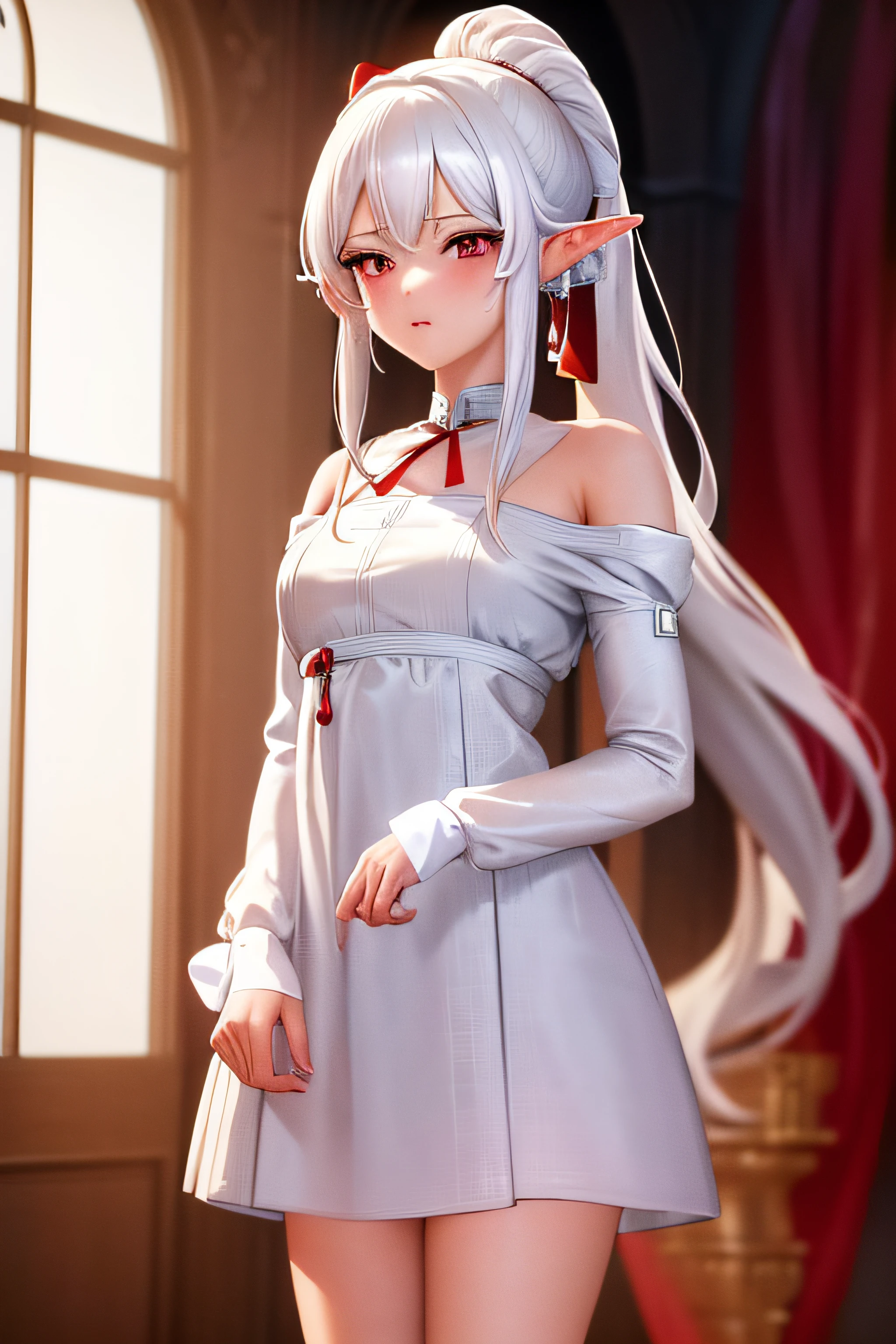 masterpiece, best quality, highres,  1girl,white dress like princess, elf, white gold hair, long hair, close up, indoor, ponytail, hair tied with a rope with red dice accessories, red eye, 20age, anime style