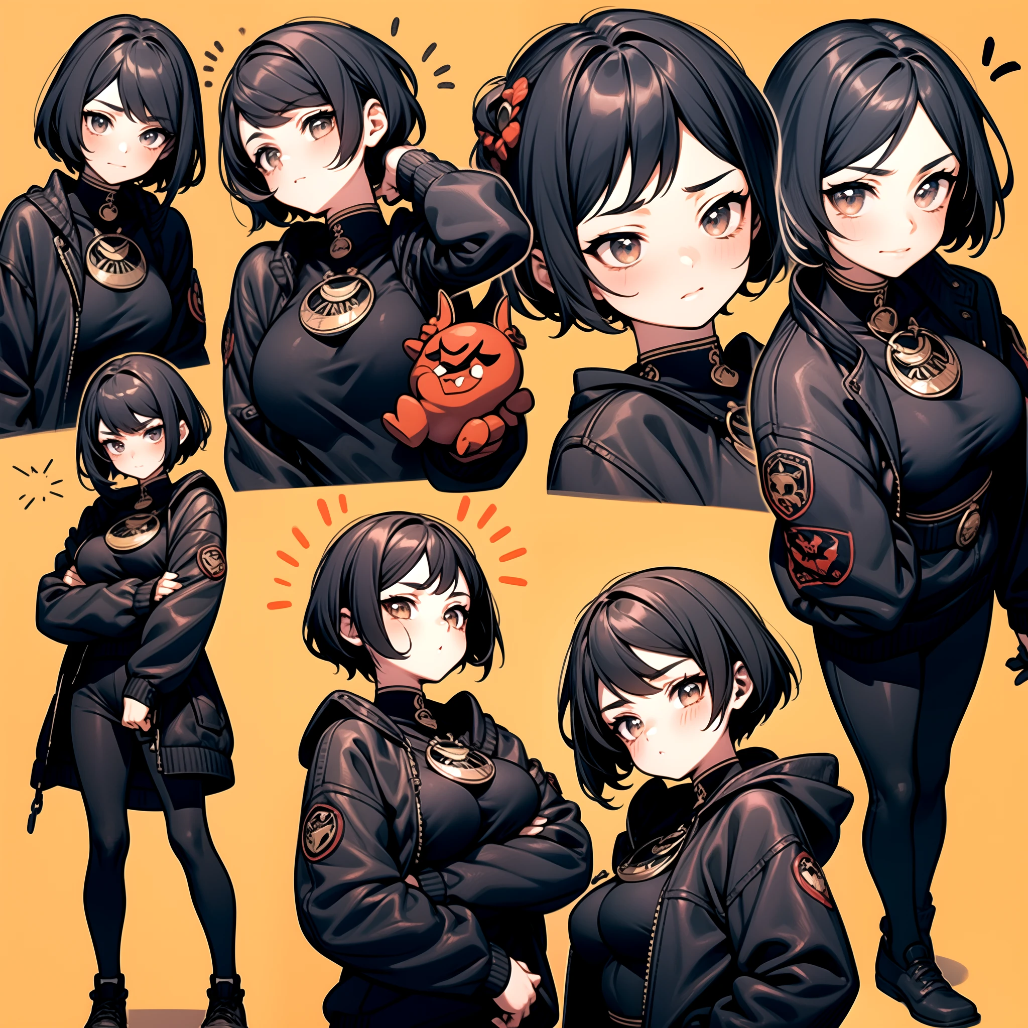 Cute big breasts,Little Red Devils,He Maverick...,Black punk leather jacket,Chain Lock,emoji pack,9 emojis,emoji sheet.,Align arrangement,A variety of gestures and expressions(Grieving,astonishment,having fun,Exhilarating,big laughter,Touch your head,Sell moe, wait),Anthropomorphic style,disney style,Black strokes,Different emotions,A variety of gestures and expressions,10
