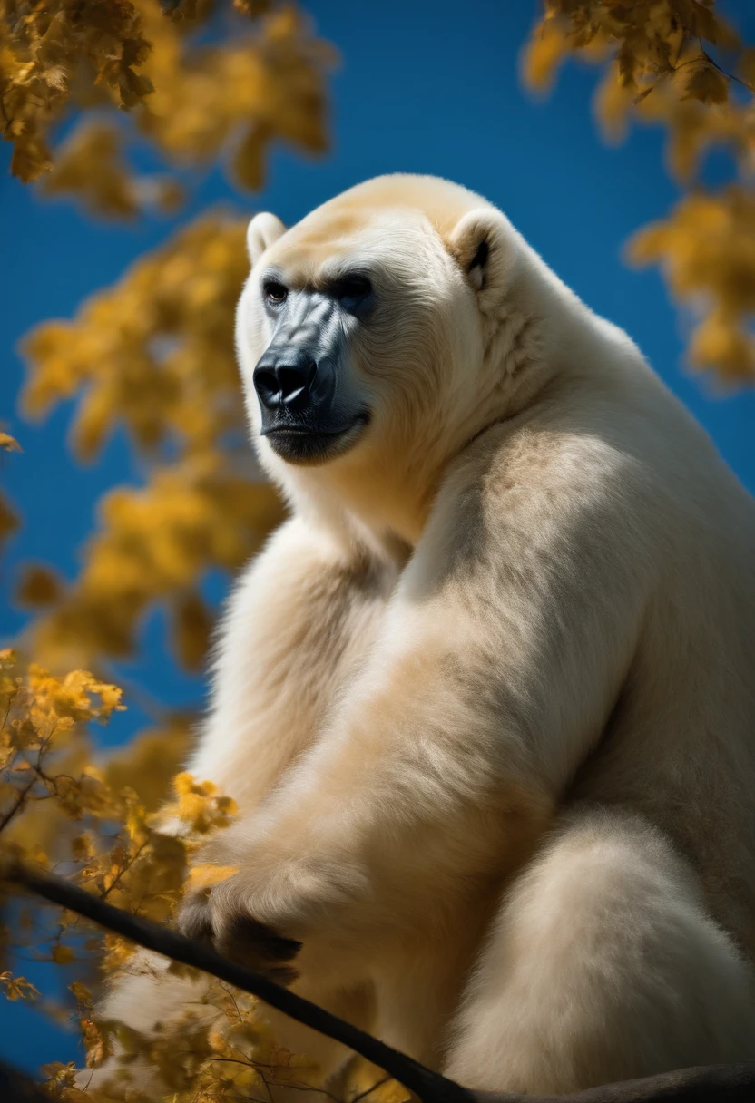 8K, Best Quality, masutepiece, Ultra High Resolution, (Realism: 1.4), Original photo, (Realistic skin texture: 1.3), (Film grain: 1.3), (Selfie angle), 1 polar bear, Details of beautiful gorillas and faces, masutepiece, Best Quality, Close up pudding, Upper body, Looking at the viewer