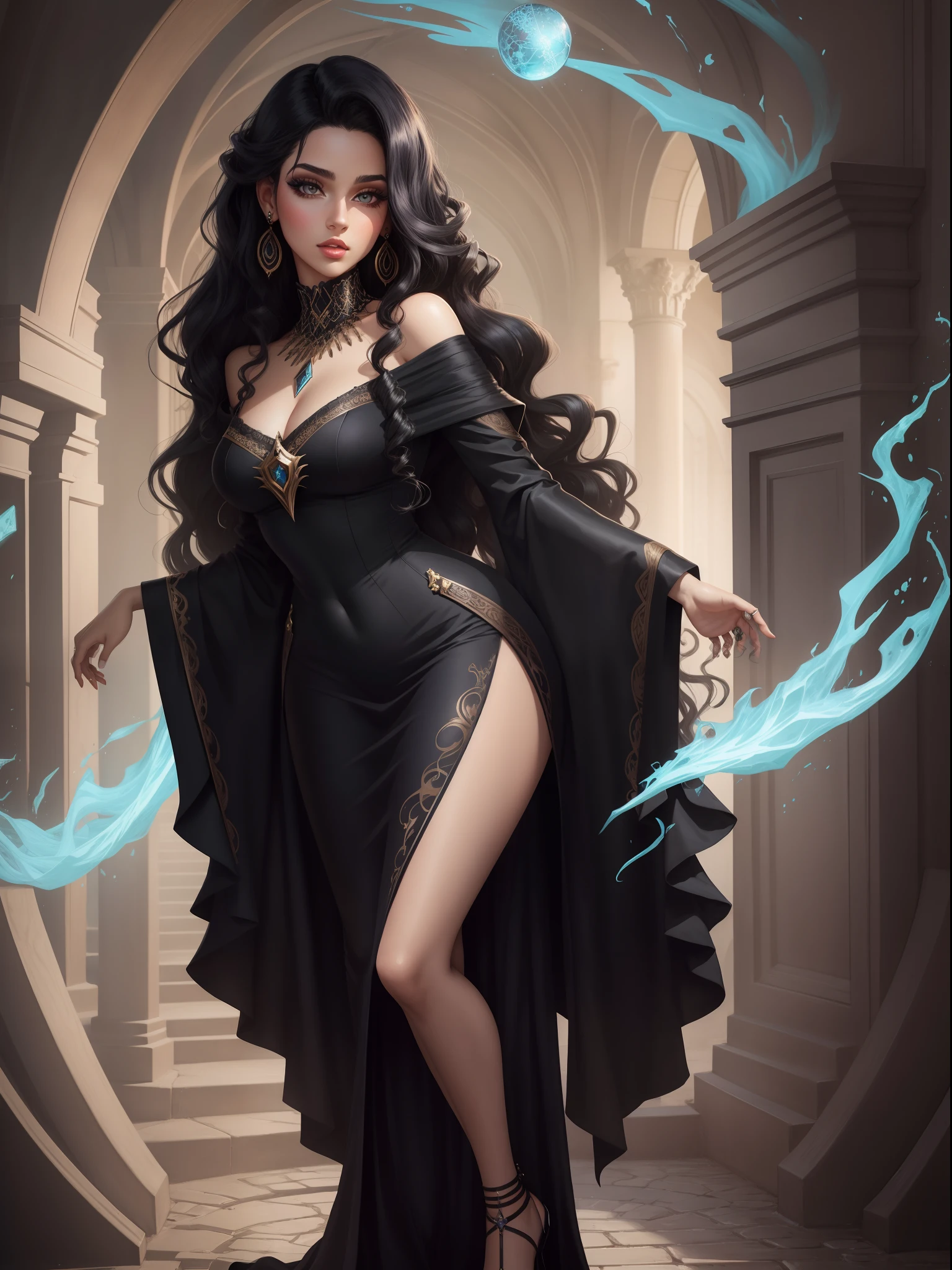 DigiArt Style, looking at viewer, full body, digital art, 1girl, solo, long curly hair, black hair, azur eyes, earrings, parted lips, lips, eyelashes, makeup, jewelry, silk dresss, wizard, fantasy, wotc
