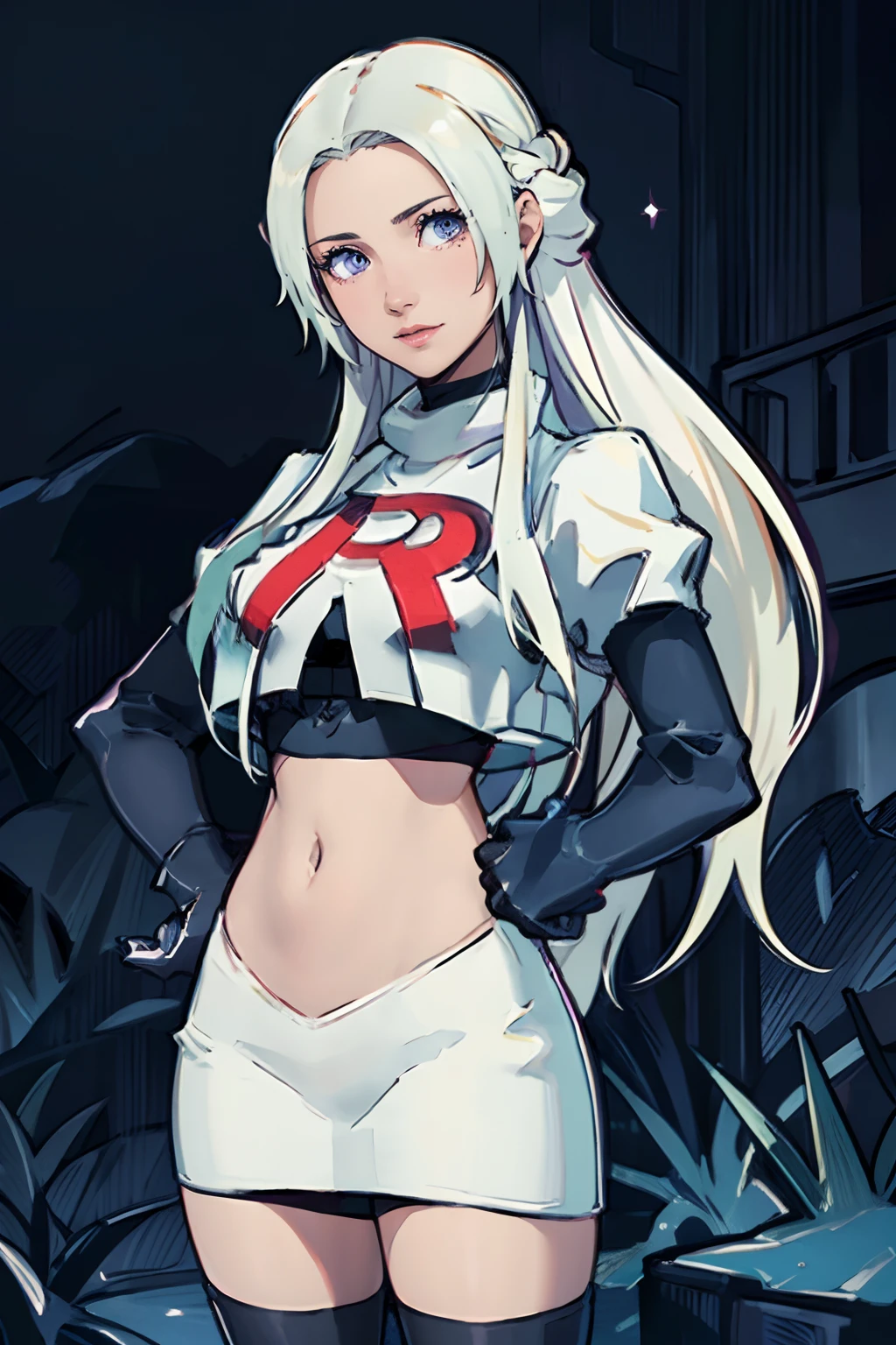 (best quality,4k,8k,highres,masterpiece:1.2),ultra-detailed,(realistic,photorealistic,photo-realistic:1.37),oil painting,portrait,face of Edelgard Academy,1 girl,Team Rocket,Team Rocket uniform,red letter R,white skirt,white crop top,black thigh-highs,black elbow gloves,evil smile,hands on hips,vivid colors,sharp focus,beautiful detailed eyes,beautiful detailed lips,extremely detailed face,long eyelashes,lush background landscape,dark clouds looming,moonlit night,studio lighting, dramatic shadows