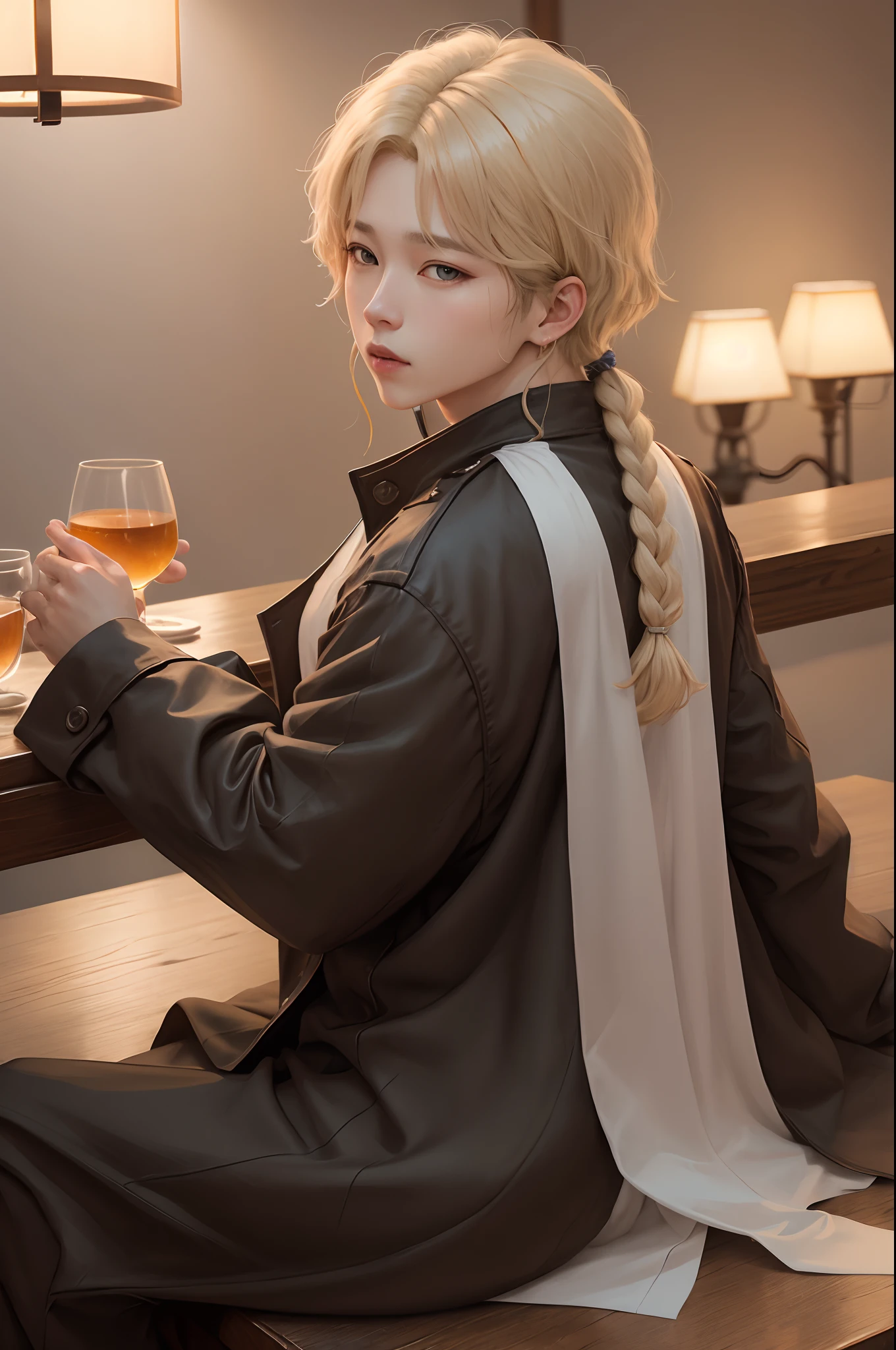 Park Jimin from BTS has white long hair on the back of the neck and bright blue eyes, wearing black silk dress with a transparent black silk scarf around the neck, sitting behind a table in the bar with bright orange lights, holding a glass of wine.
He is looking at another man, Jung Hoseok from BTS who is wearing dark brown long coat and has blond short hair with no bangs and hoeny colored eyes, manly features
real picture, korean style, both sitting behind a table in a corner of a big bar. both Male.
