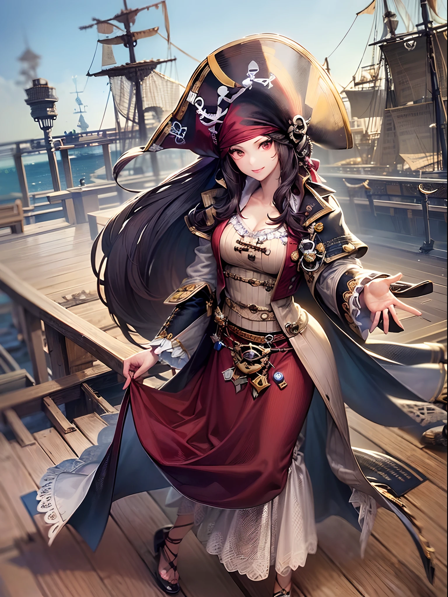 ((Finest quality)),(超A high resolution),(ultra-detailliert),(Meticulous portrayal),((Best CG)),(Finest works of art),Ultra-Precision Art,The art of astounding depiction, (Haihara:1.8),suns:1.5,breezing, (1 Female Pirate:1.5),Female Pirate:1.6,Grinning face, (She stands on the deck of a pirate ship:1.6)