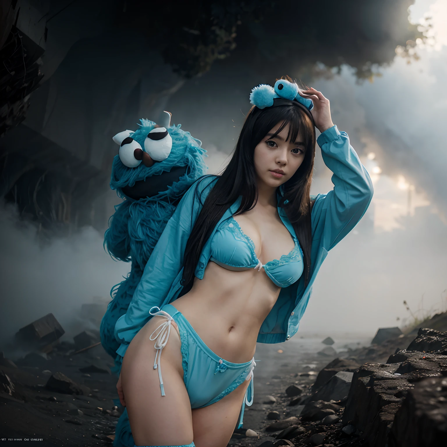 Anime girl in mist cookie monster