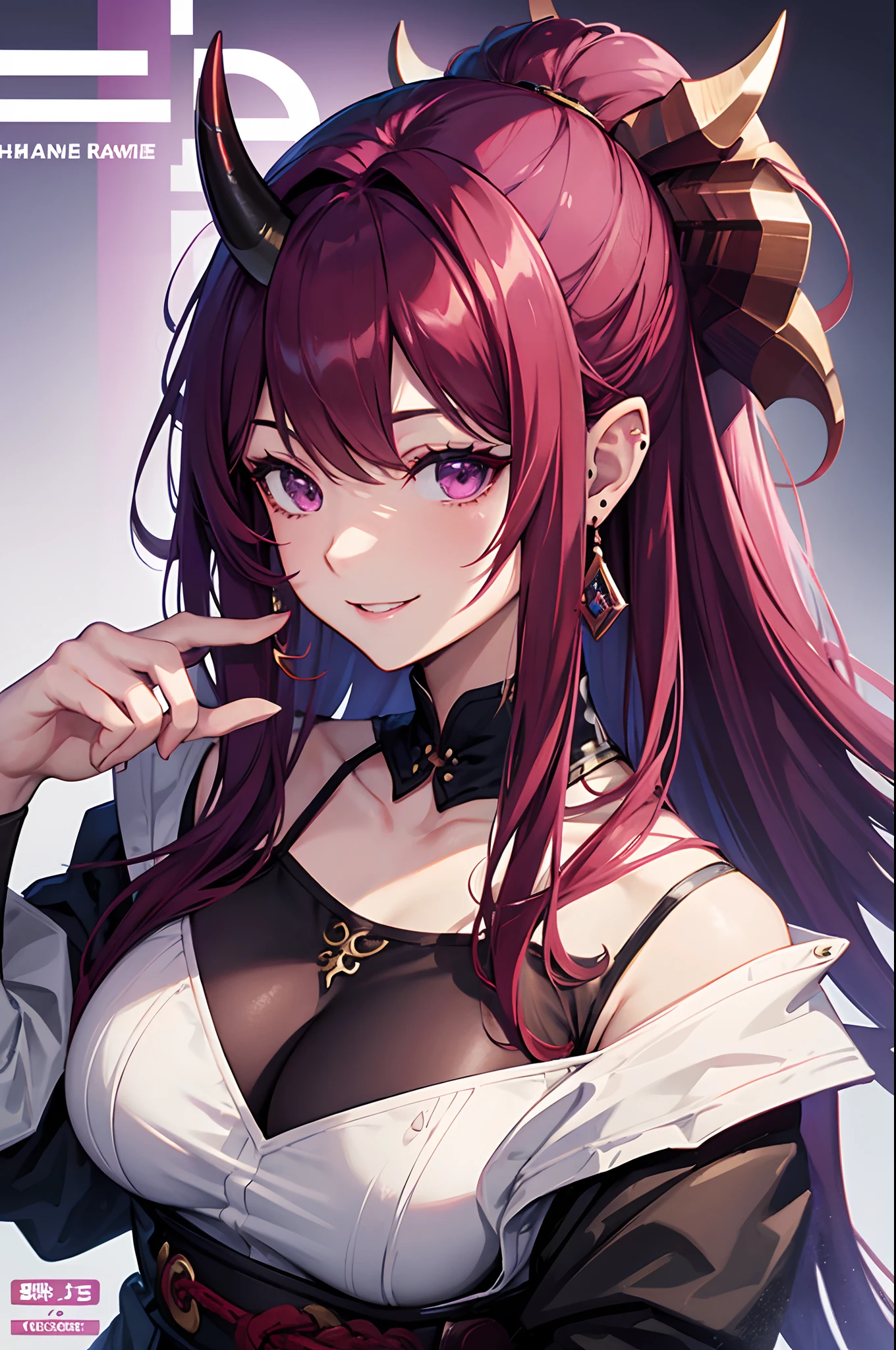 Cover magazine, anime, adult woman, solo, long hair, red hair, purple eyes, two horn, dragon horn, black horn, complex horn, dragon woman, model, beautiful, fantasy, Casual clothes. Hair accessories. Unusual hairstyles. Earrings. Smile. Greeting. Sharp ears. Big breast. Upper body.