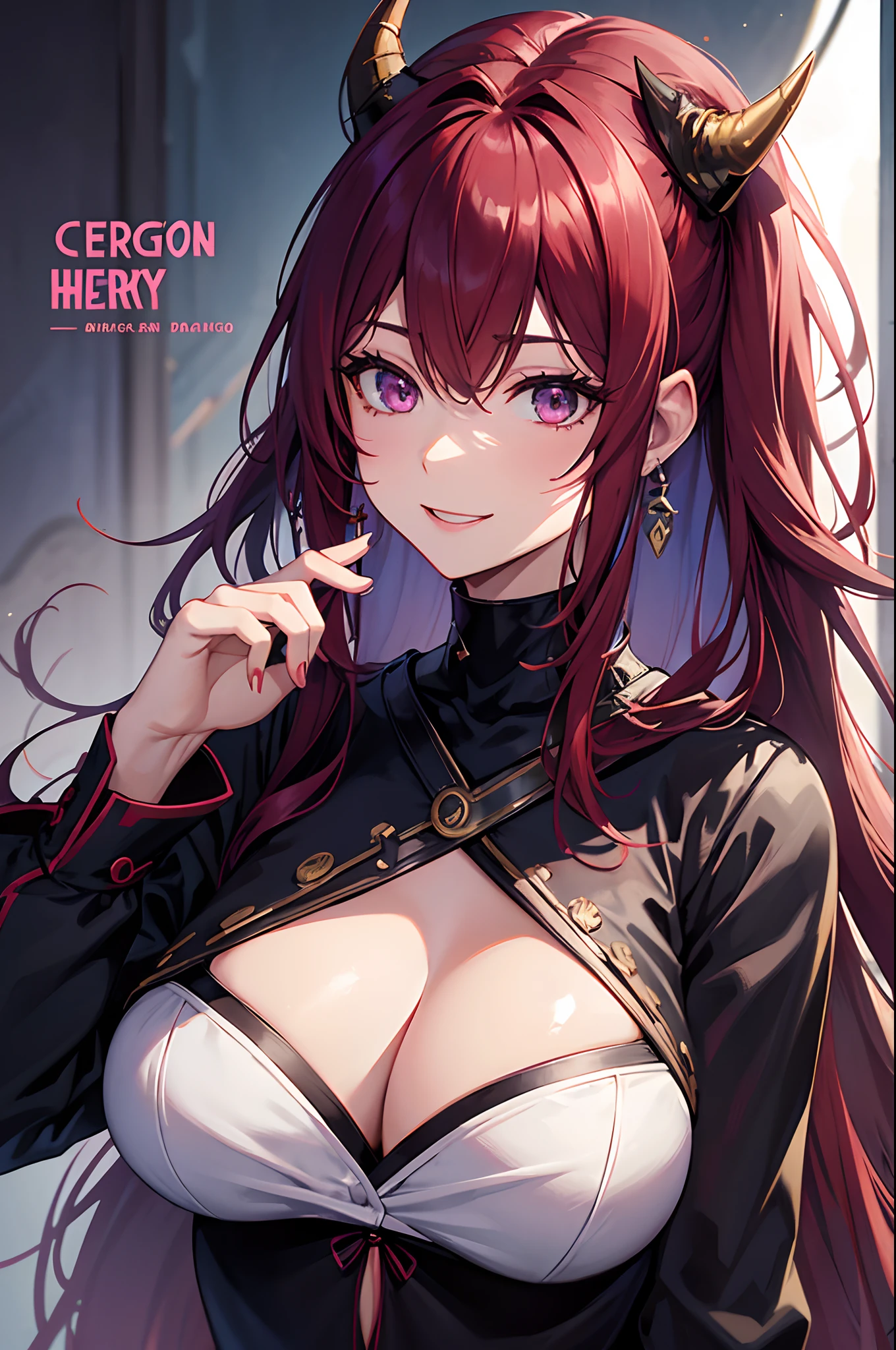 Cover magazine, anime, adult woman, solo, long hair, red hair, purple eyes, two horn, dragon horn, black horn, complex horn, dragon woman, model, beautiful, fantasy, Casual clothes. Hair accessories. Unusual hairstyles. Earrings. Smile. Greeting. Sharp ears. Big breast. Upper body.