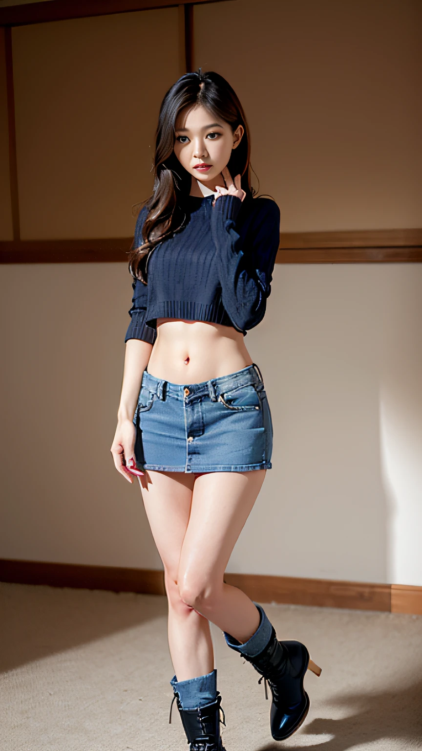 Slender Asian girl, Kpop Idol, ((gymnast)), ((of the highest quality, 8K, masutepiece: 1.3)), Crisp focus: 1.2, Beautiful woman with perfect figure: 1.4, Highly detailed face and skin texture, Detailed eyes, skinny, Beautiful face, Symmetrical face, full-length, ((wide open abdomen))、((open abdomen))、((wide open navel))、((open navel))、((Bare belly))、((Mid-Riff Sweater))、((Ultra-low rise、Denim Mini Skirt))、 ((Navel Ejection))、((small hips))、((Full body depiction))、((small hip))、(boots)、((Ultra-low rise))、 ((Denim Mini Skirt))、((is standing))、