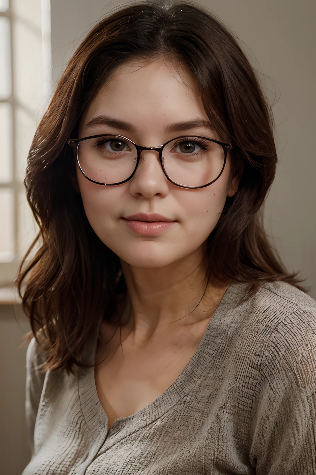 cute mid age woman with small chin and dark color, high cheeks, big glasses