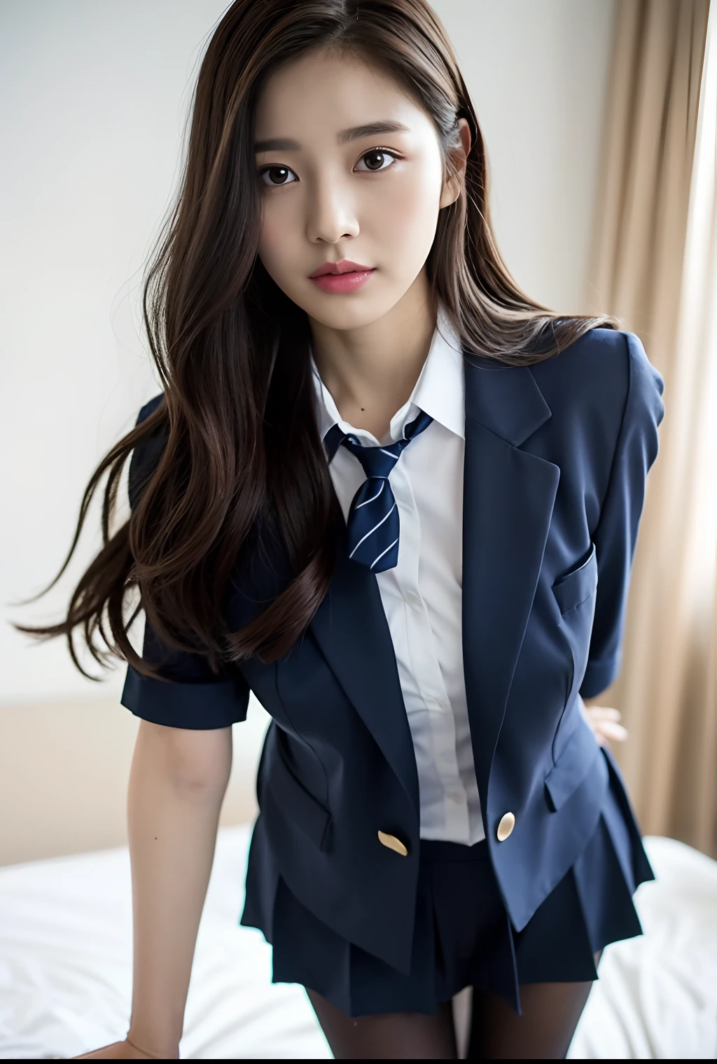 School uniform,pantyhose,Cute,Mature Mature Woman Young,Super,Full body,nice perfect face with soft skin perfect face,gorgeous long wavy brown-haired,8K resolution,Ultra-realistic,Ultra-detailed,hightquality,huge-breasted:1.7)