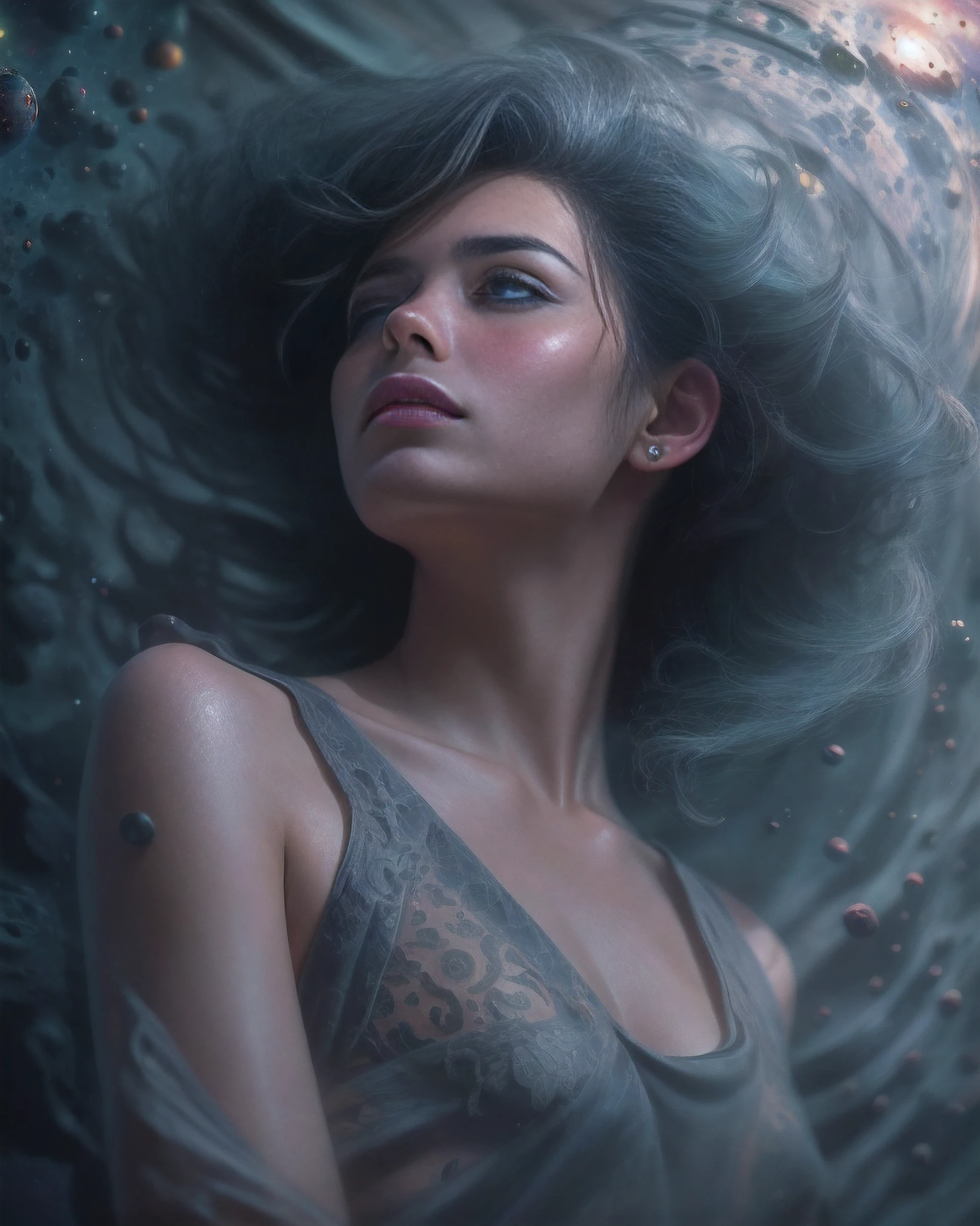 (Naked:1.2), Photo of a gorgeous young woman, realistic skin texture, Looking down, 1 / 2 Exterior Finishes, 8 5mm Artistic Lens, F 1. 2, sharp-focus, 8K High definition, insanely detailed, Intricate, elegant, Drawn by Stanley Lau and artgerm, Violet luminous rays, in style of dark fantasy art, Side Shot, (Cheeky face), realistic 4k digital art, (Gloomy color scheme:1.5), Space and black holes in the background.