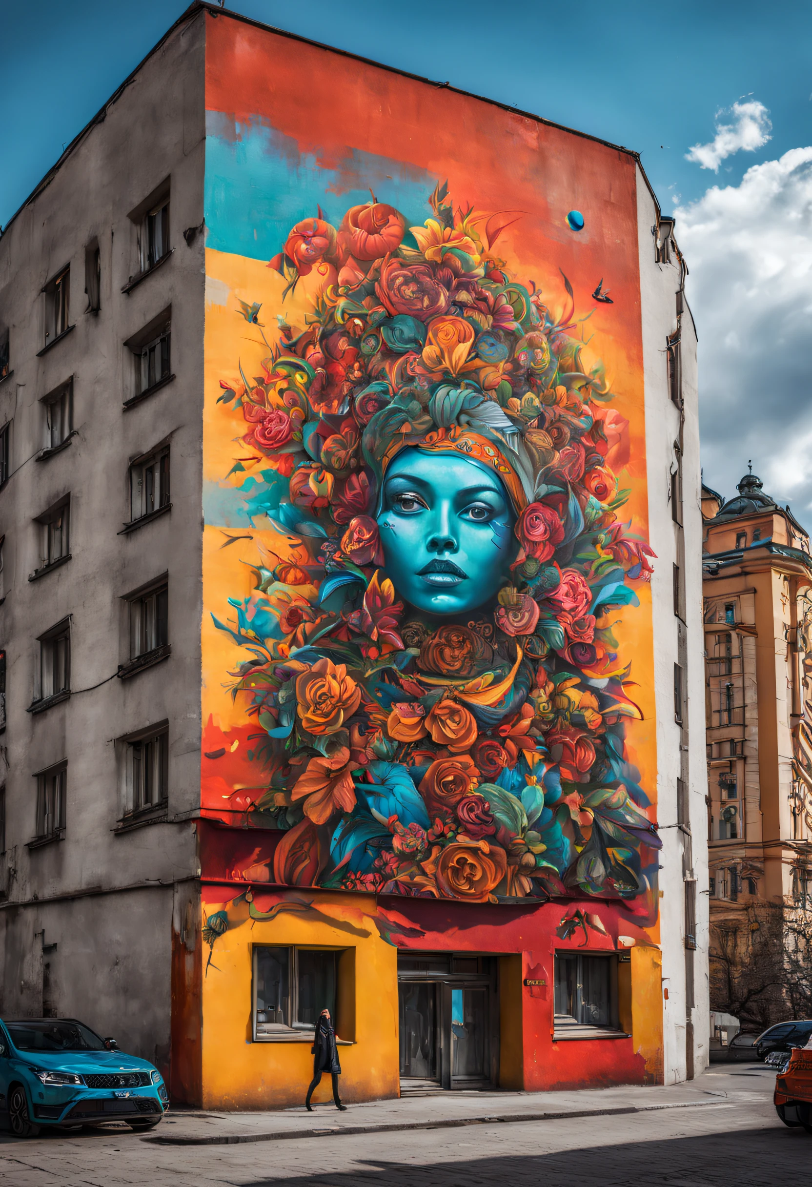 A vibrant street art scene in Moscow, with bold colors and intricate designs, captured in a dynamic and edgy style.