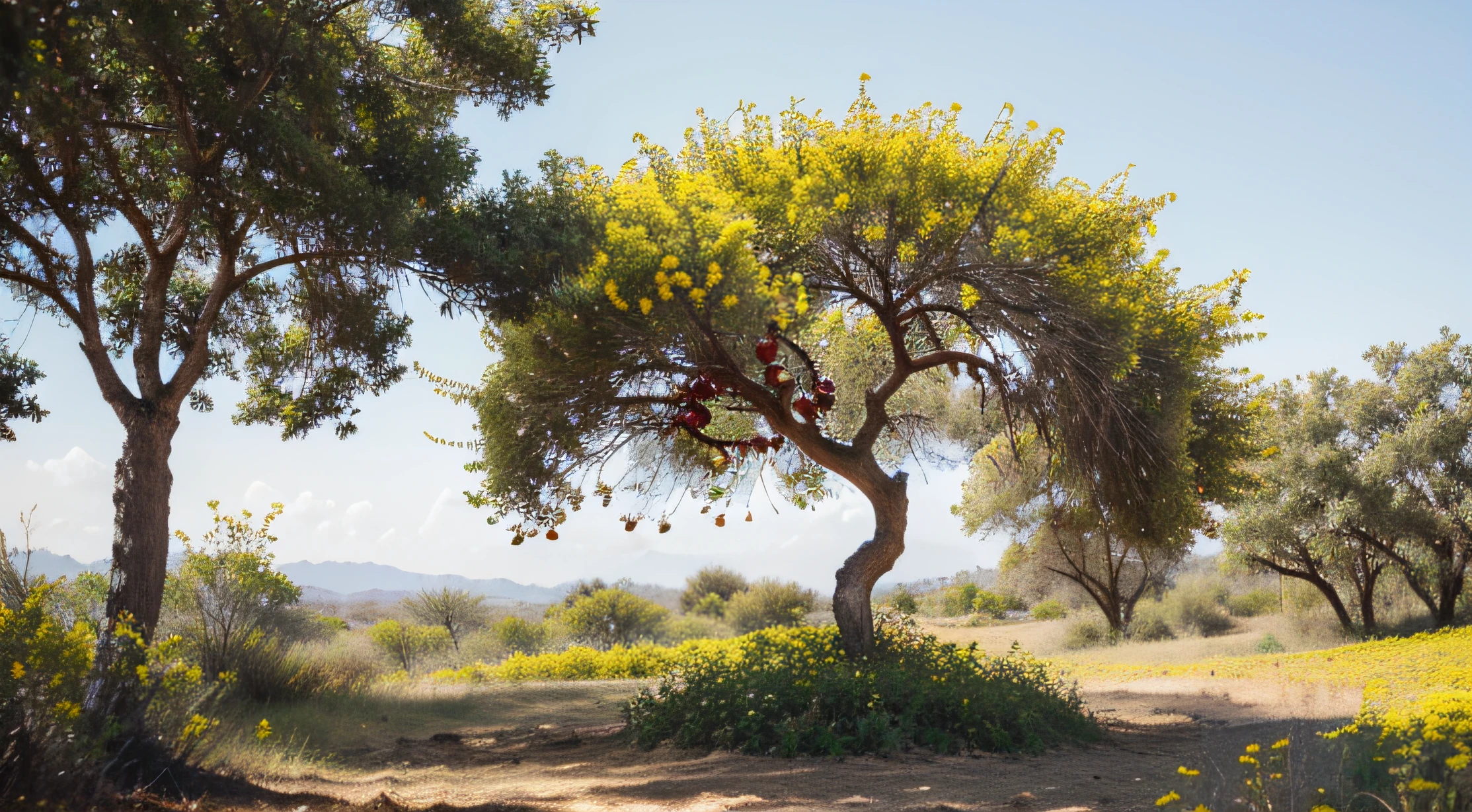 A single pomegranate tree pointed out with yellow flowers in the forest