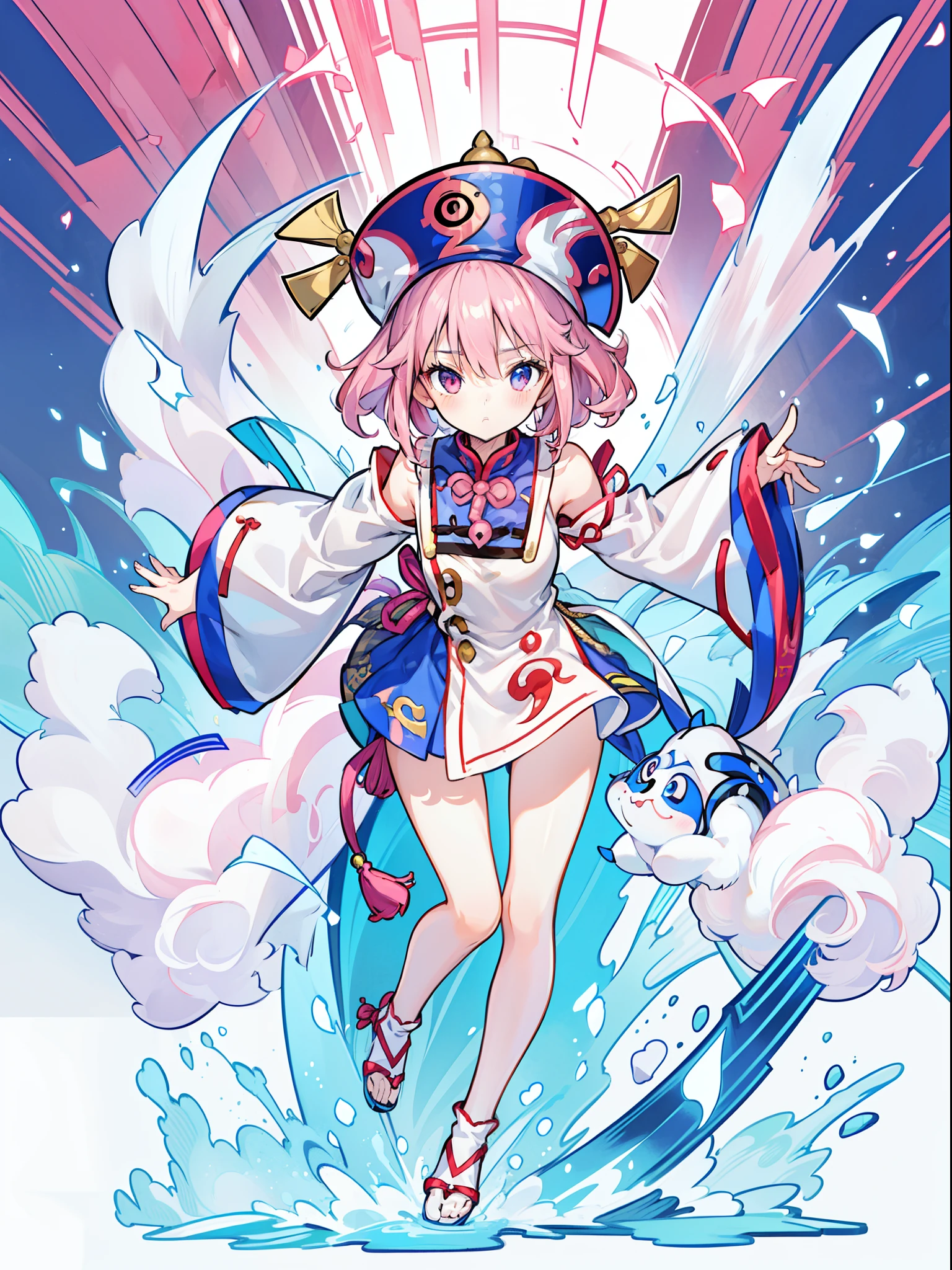 1 girl, ((Jiangshi costume)), character focus, close to viewer, cowboy shot, jumping, put arms forward, many bills, light pink hair, growing eyes, background Bamboo forest ,white background, full body,high resolution,(incredibly absurdres),anime visual,extremely detailed CG unity 8k wallpaper, ((masterpiece)), ((top-quality)), (beautiful illustration), ((an extremely delicate and beautiful))