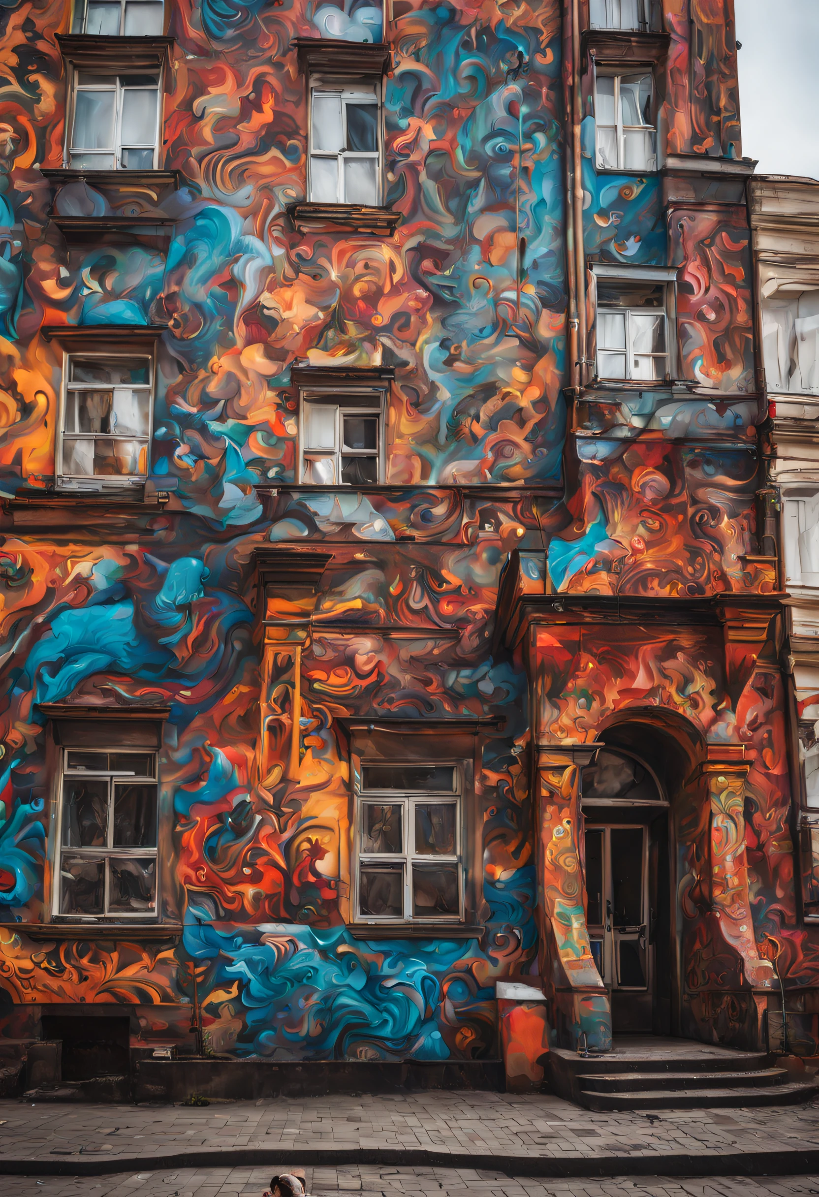 A vibrant street art scene in Moscow, with bold colors and intricate designs, captured in a dynamic and edgy style.
