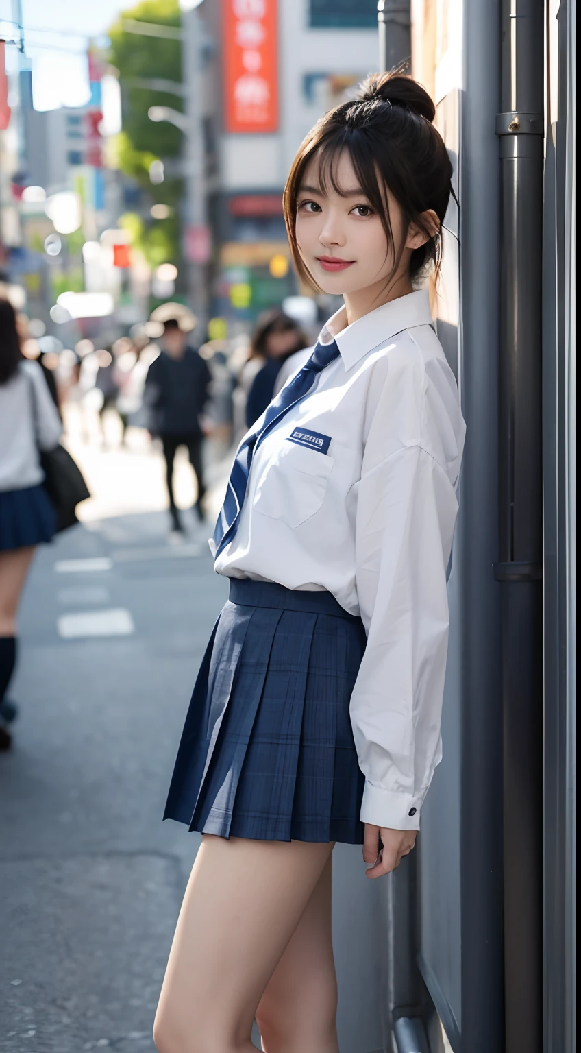 ultra best quality、​masterpiece、超A high resolution、depth of fields、Depth of subject、(Photorealsitic:1.4)、(Dramatic、awardwinning photo、Incredible masterpiece:1.3) 、Raw photography、the golden ratio、the Extremely Detailed CG Unity 8K Wallpapers、Detailed and complex、incredibly absurdness、Original、hight resolution、Raw foto、(perfect body type)、Detailed and complex、Digital SLR、softlighting、hightquality、film grains、Background blur、Fuji Figure XT3 Film、50mm Lens、Back lighting、nffsw、hyper realstic、Color Grade、dynamicposes、portlate、japanes、short-hair、A smile、s lips、bangss、(Crowded Akihabara:1.2)、Front view View viewer、natural soft light、girl with、21years old、full body Esbian、独奏、Pupils、University、校服、cute school girl、Japan School Uniforms、girl wearing school uniform、Navy blue high socks、checked skirt、Daytime、in a street、deep-shadows、cute little、Beautie、Unobtrusive、Cold Light 12000K \\ a street、The state of the store、akihabara、Shinjuku、Shibuya、Ikebukuro、Detailed Realistic、Skin Texture、ultra-detailliert、Realistic skin texture The figure is the whole body、thighs have a thin buttocks small、thin ankles、the face is small、Live-action referee