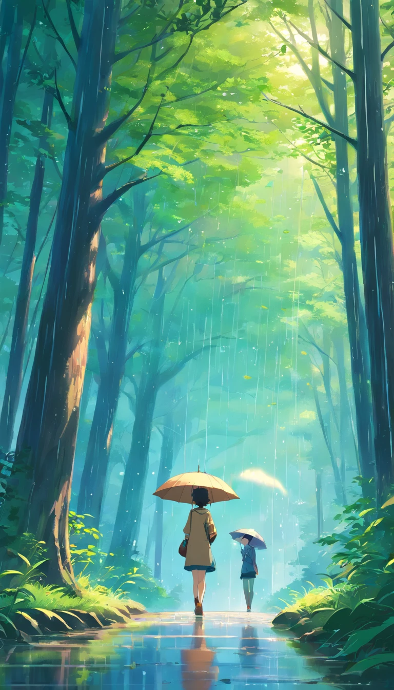 animesque、shoun、beautiful anime artwork, style of anime、4K、rainy day, the woods,rain drops