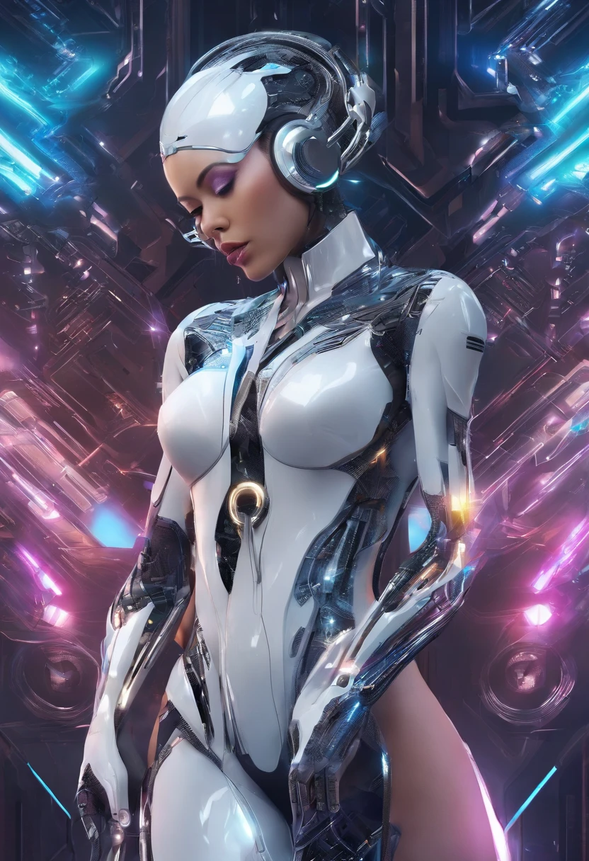 A BEAUTIFUL CYBORG, WITH NECKLACE, SINGING WITH MICROPHONE, HYPER REALISTIC, 4K, BEST QUALITY