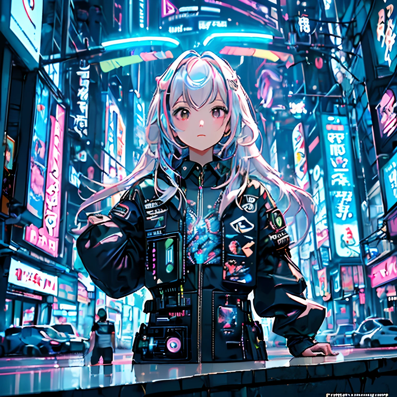 (obra prima、qualidade superior、qualidade superior、Arte Oficial、ighly detalhado、beautifully aesthetic:1.2)、(1girl em)、(Arte Fractal:1.3)、Hairstyle Random、Random colored hair color、tiro de corpo inteiro、(CyberpunkTA camisa)、animesco |、Head-mounted displays、detalhe da luz neon、intuitivo、cidade do futuro、Sharp、foco preciso、randome pose、Cyberpunkcidade、street neon lights、Foto Insta、foto do ano、cinema4d、Dramatic、