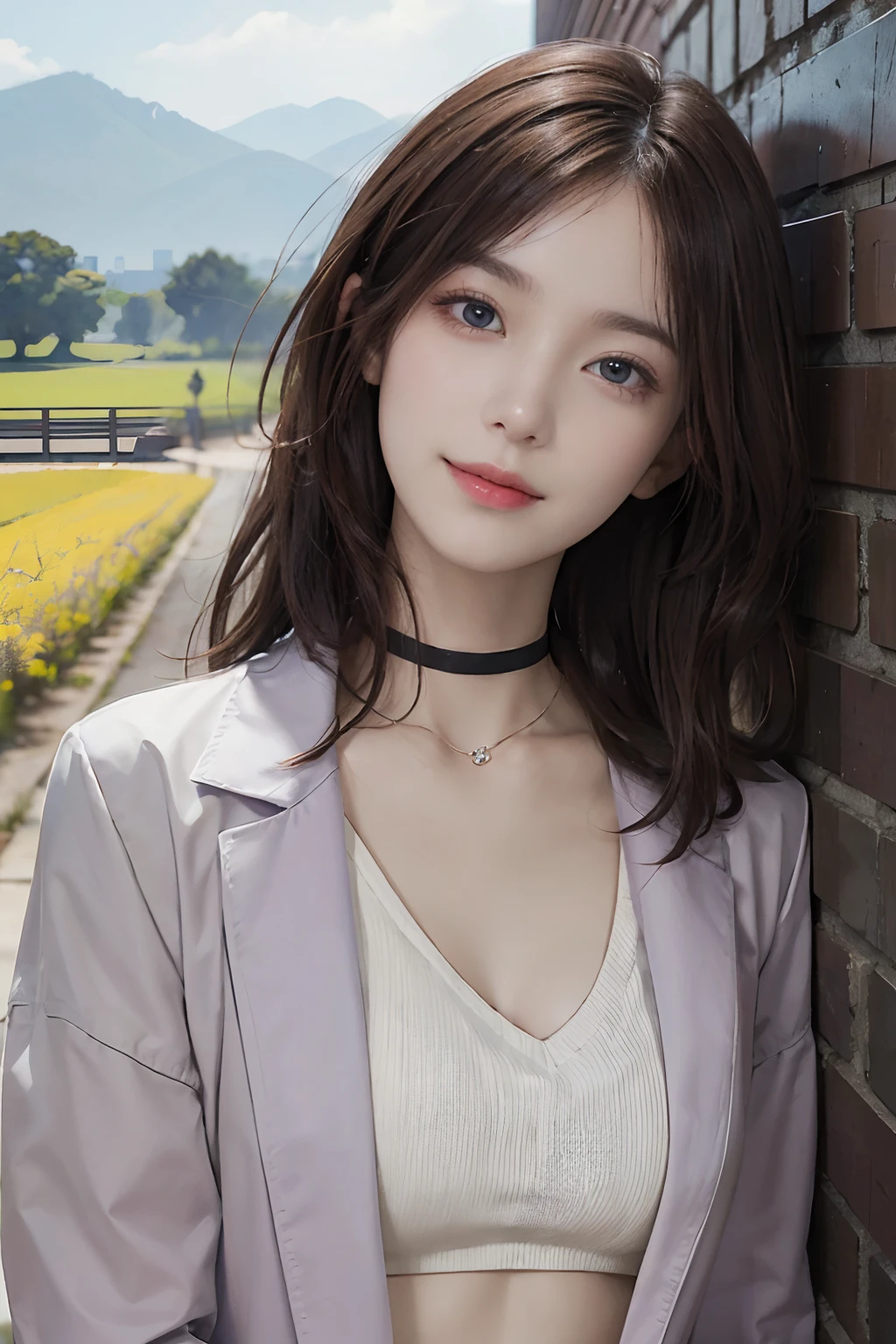 ((top-quality、​masterpiece:1.3))、、1 female:2.0、Colossal tits:1.3、Slender body type:1.1、Toned abs、Brown hair、short-cut、Detailed lips、detailedeyes、二重まぶた、blue eyess、wide Shots、(Raw photography、top-quality)、(realisitic、Photorealsitic:1.3)、top-quality、​masterpiece、extremely delicate and beautiful、extremely details CG、 absurderes、A smile、Erotic face、frontage、Fours、Slouched、Nokezoru、Strong smile、model poses、Cute side shot of 31 year old +Shy + Gorgeous French-Albanian schoolgirl、god rays、Shot with AFGA Vista 400::2.0 、Photos of the atmosphere in the style of Eric Madigan Heck and Arthur Elgort、Laugh with your mouth wide open:3.0、Long pink hair、red highlights、Hair above one eye、耳Nipple Ring、a choker、Open jacket、against a wall、Brick wall、doodle、Dim lighting、alleyway、looking at the spectator、 ((Meaning、魅惑的、enticing))、((Daytime background))、((Kochia Field Background))、((Daylight background))、a blond