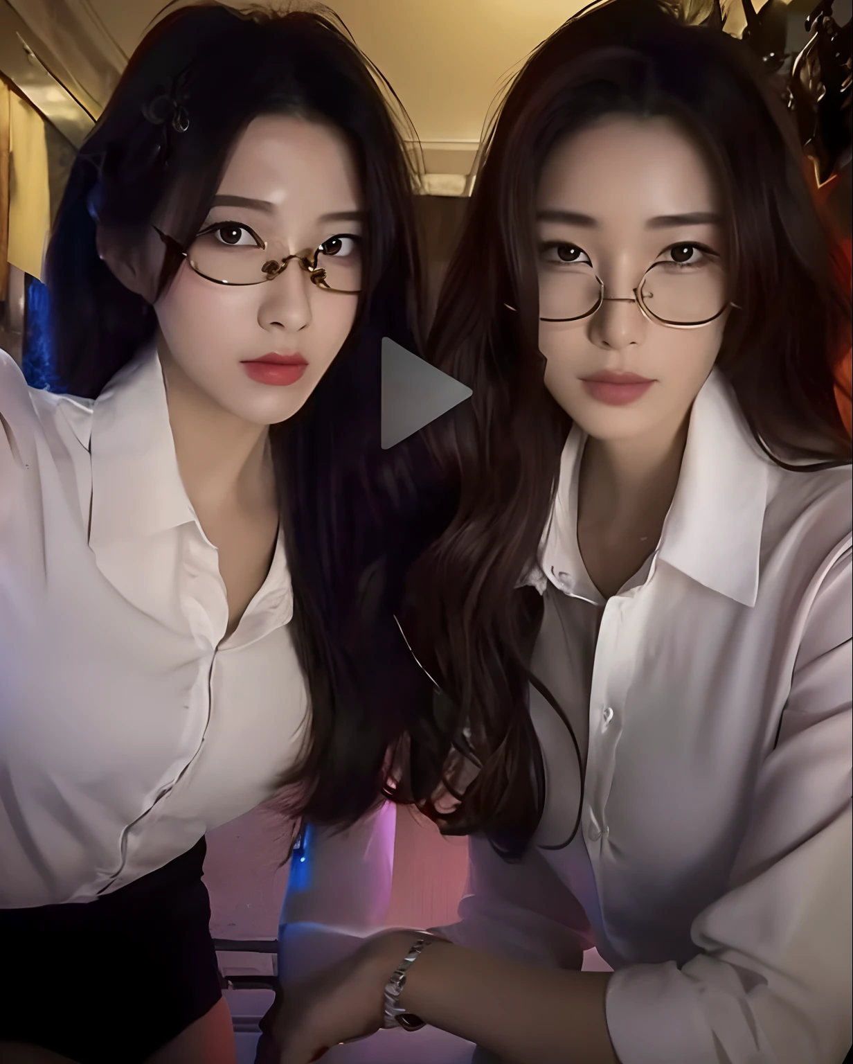 two beautiful, sexy women, wearing glasses who are holding chains from you