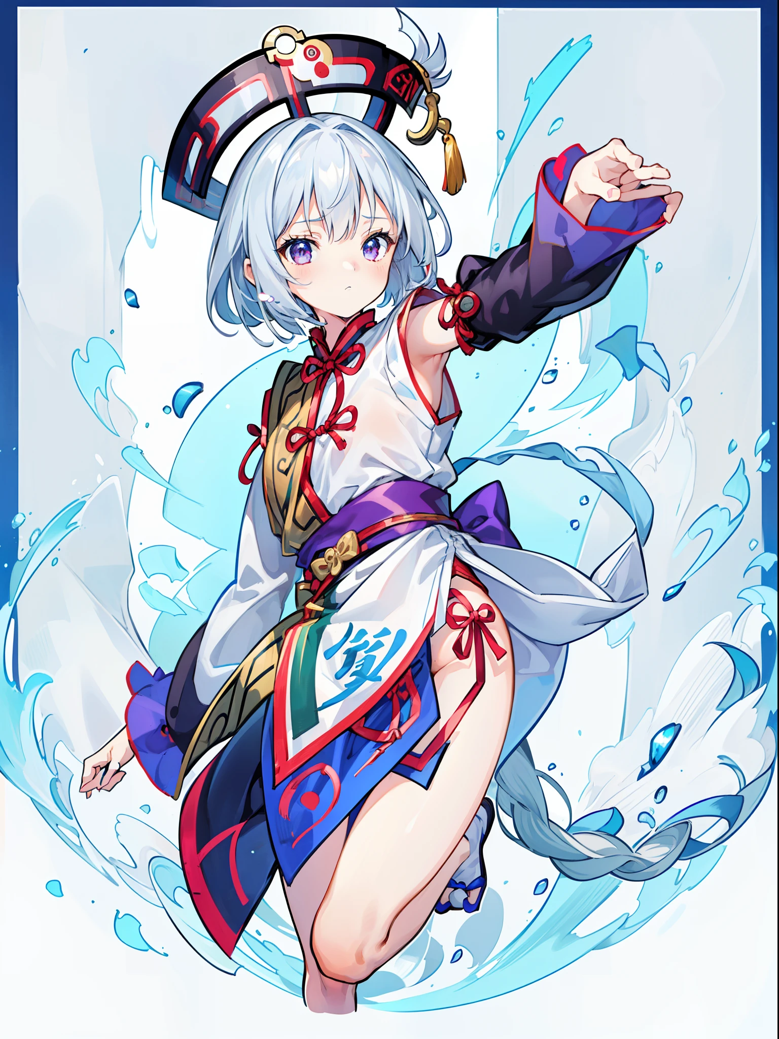1 girl, ((Jiangshi costume)), character focus, close to viewer, cowboy shot, jumping, put arms forward, many bills, silver hair, growing eyes, background Bamboo ,white background, full body,high resolution,(incredibly absurdres),anime visual,extremely detailed CG unity 8k wallpaper, ((masterpiece)), ((top-quality)), (beautiful illustration), ((an extremely delicate and beautiful))