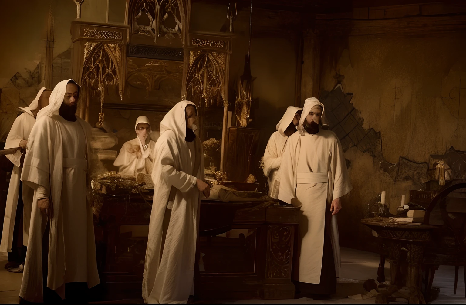 several people in white robes are standing around a table, robed figures sat around a table, dressed in white robes, white robes, clad in robes, wearing white robes, ancient kings in white robes, covered in robes, wearing robes, flowing white robes, religious robes, golden-white robes, wearing white robes!, wearing flowing robes, in robes,Dark depiction 8K like photo