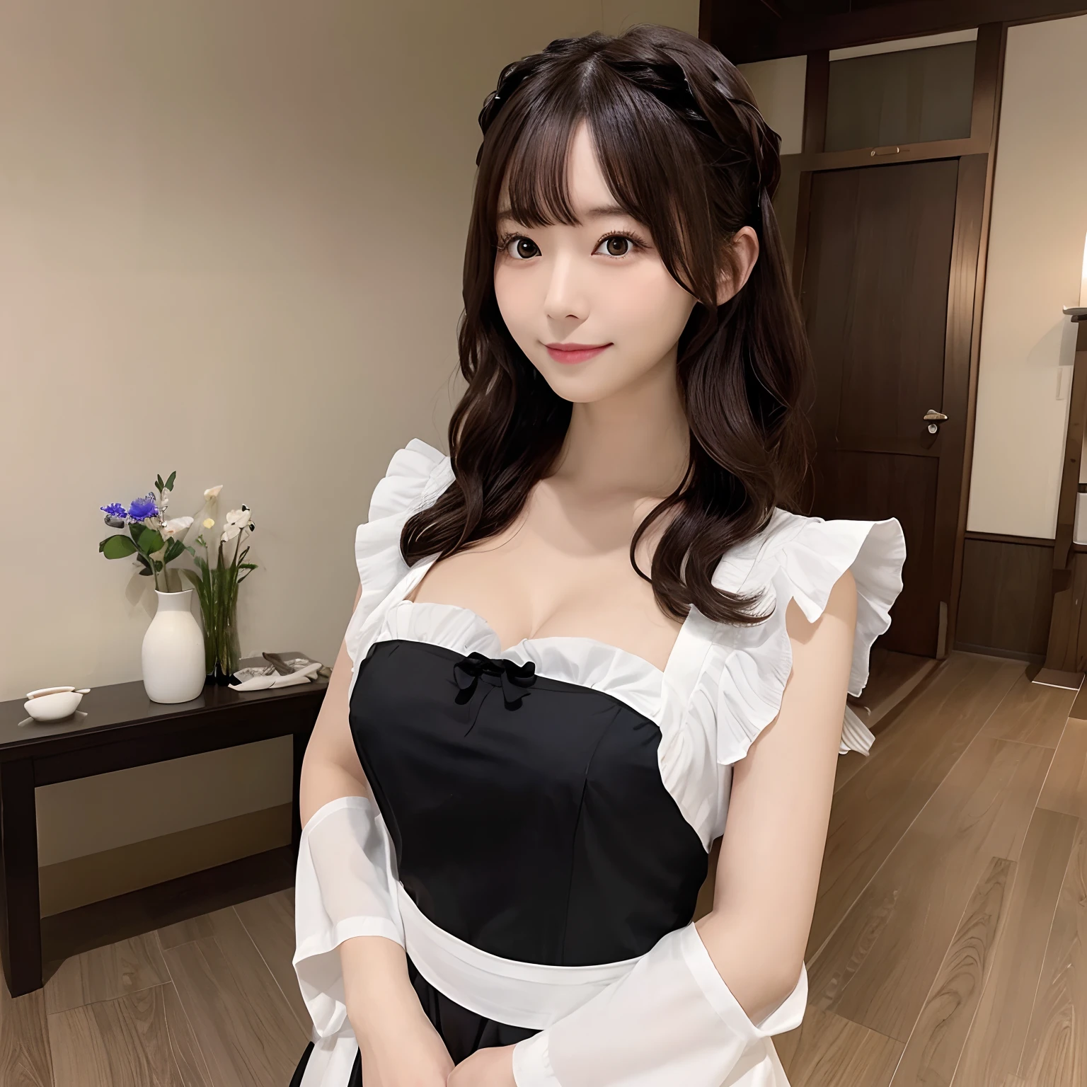 Very cute Japan woman。hposing Gravure Idol。A dark-haired。Long hair with curls。huge tit。Maid clothes。You can see the valley.。Arms close to chest。