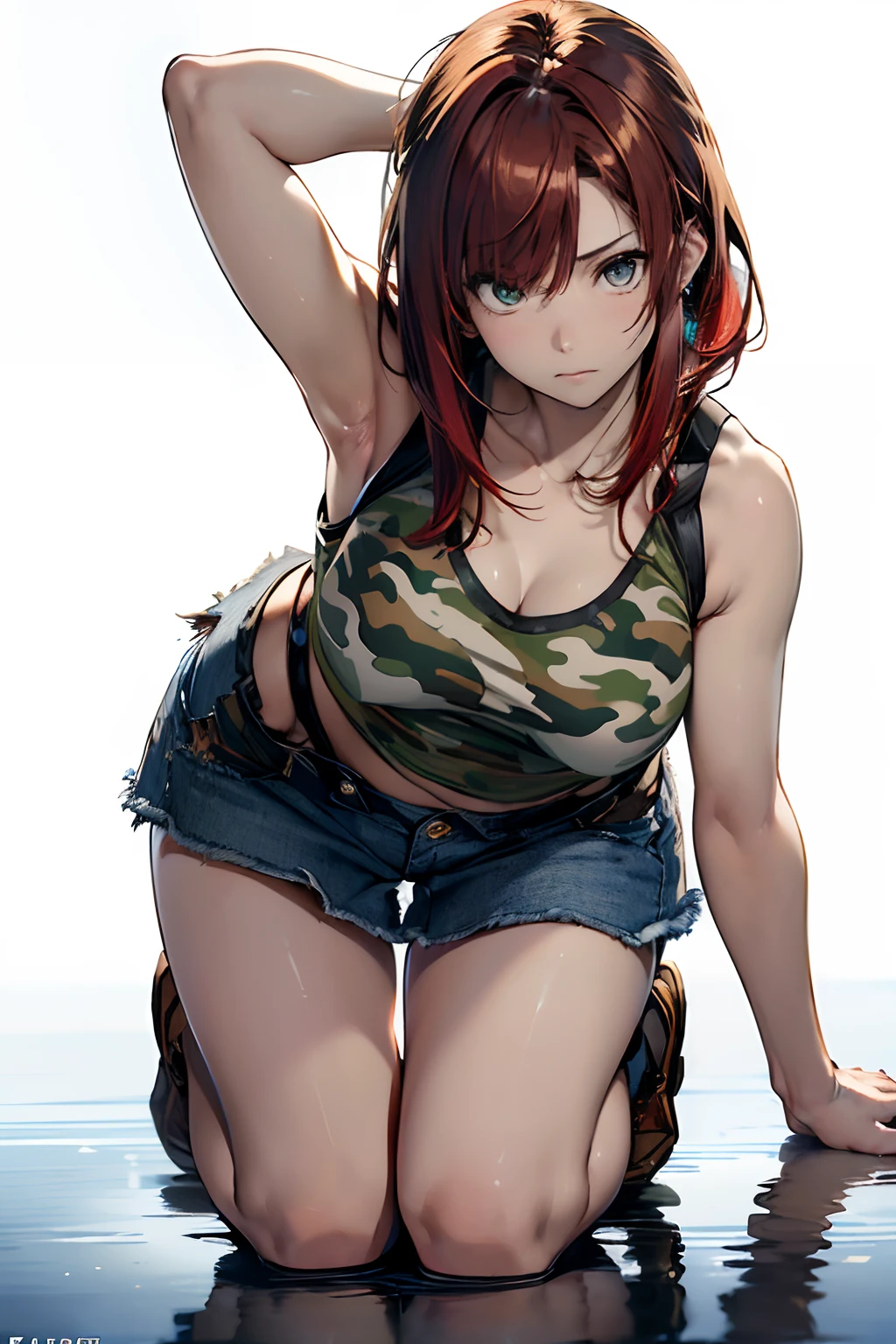 (Best Quality, 8K, Oil Painting, masutepiece:1.2), Ultra-detailed, (Realistic, Photorealistic:1.37), (((FULL BODYSHOT)))、Vibrant colors, Studio Lighting, (((The whole body is reflected)))、Shoulder-length bob hair, Green and brown tank top, Camouflage tank top, (((Denim miniskirt)))、(((White background))), (((with a pure white background)))、((deadpan))、((Zito-order))、(((Palm up next to face)))、(((Red hair)))、(((bobhair)))、(((Camouflage pattern tank top)))、(((with a pure white background)))、(((There is a margin at the top)))、(((There are margins on the left and right)))、(((There is a margin above the image)))、(((Very cute woman)))