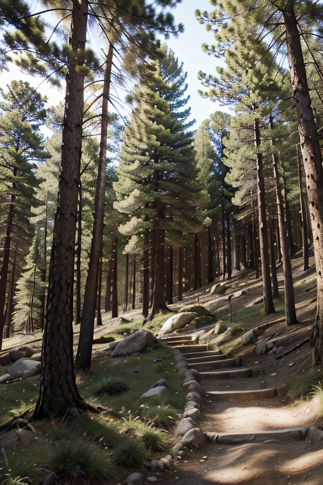 Dense pine forest in mountainous terrain, In the background of the mountain, Sunny weather, photo realism, hyper realisitc