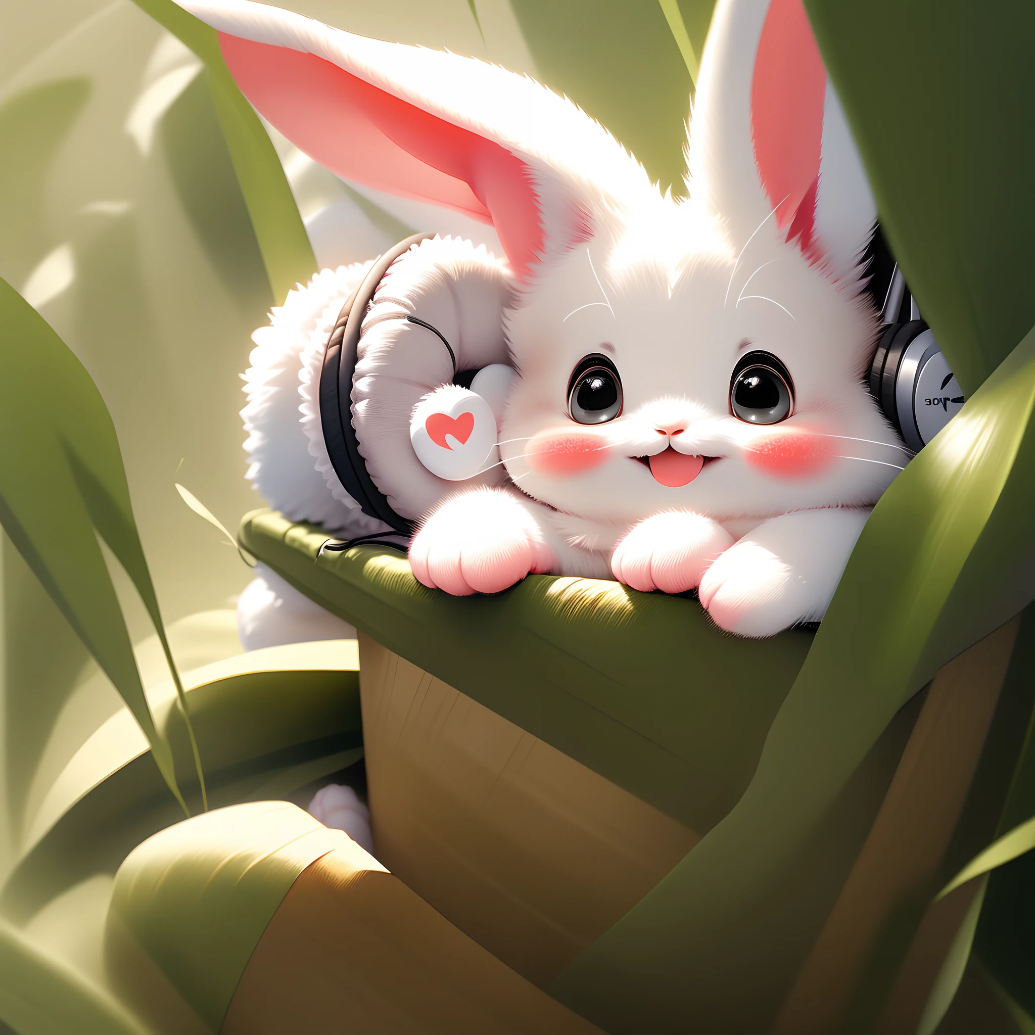 Cute little rabbit listening to music, happy, smiling, Headphone
