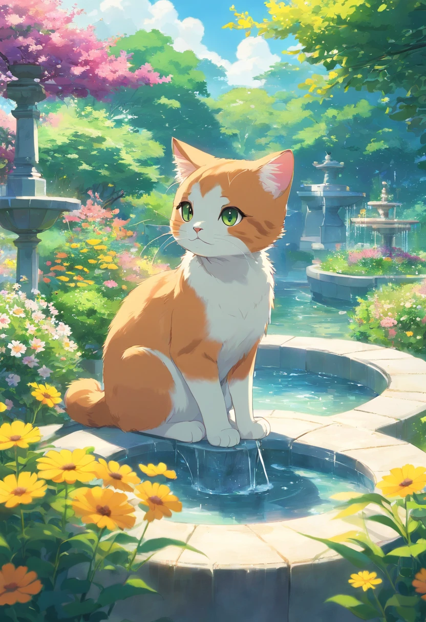 A round-eyed cute cat, Garden fountain, wildflowers, Distant houses