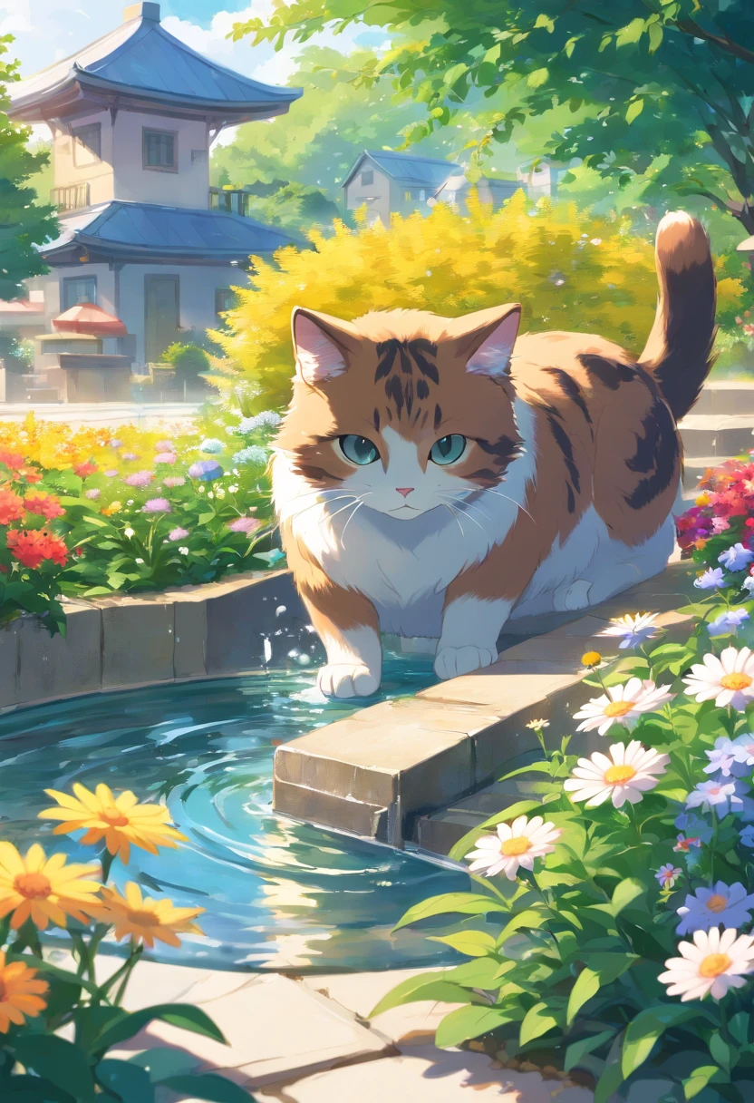 A round-eyed cute cat, Garden fountain, wildflowers, Distant houses