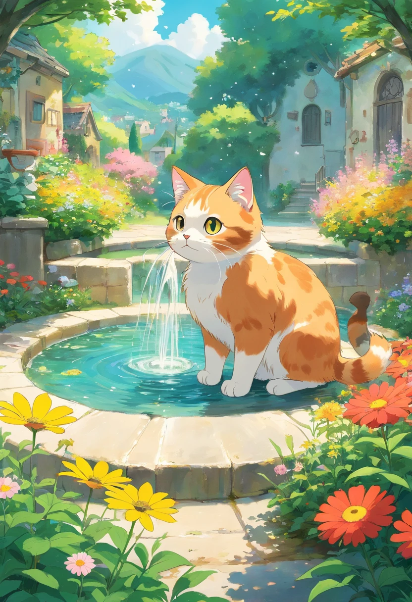 A round-eyed cute cat, Garden fountain, wildflowers, Distant houses