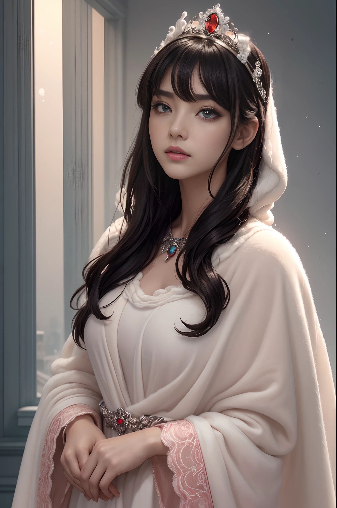 (masterpiece:1.2)、top-quality、(illustratio:1.2)、(ultra-detailliert)、Eye Focus、(Masterfully crafted Glow、pink lens flare)、(Cinematic background)、Hyper-detailing、(delicate detail)、(intricate detailes)、octan render、HDR、(Hyper-detailing:1.15)、(softlight:1.2)、Woman in a very beautiful red and white dress、(super model:1.3)、Woman made up of paint、entirely paint、Splat、Splash、(cabelos preto e longos:1.1)、(radiant eyes)、((make - up))、(cinematic masterpiece)、Delicate and powerful、 (Cinematic headlight)、((Caustic))、dynamic ungle、Beautiful detailed glow、ambient occlusion、ambient lights、ray trace reflection、(best illumination、extremely delicate and beautiful)、((ciinematic light))、(The soft:2)、vivid、highly contrast、back lighting、huge tit、Complex detailed EABA、red cloak、Silver tiara