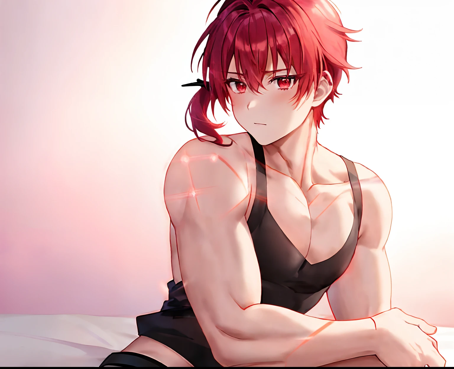 Anime Boy with Red Hair, male child, Classic Boy, Magical Boy Anime Mahou Shōnen, male child, Shonen romance, official fan art, Boy with red short ponytail hair, Muscular men, masculine and muscular, (((((((no glow))))))), fanart, garments:Black tank top, Anime!!!!