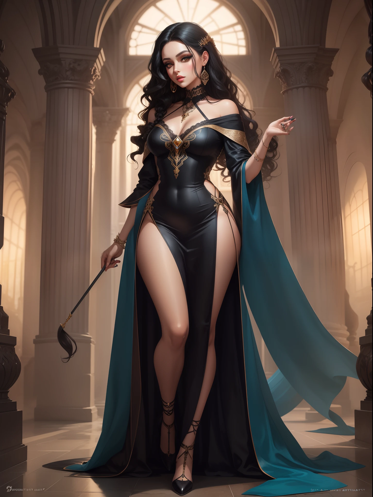 DigiArt Style, looking at viewer, full body, digital art, 1girl, solo, long curly hair, black hair, azur eyes, earrings, parted lips, lips, eyelashes, makeup,  jewelry, silk dress, wizard, fantasy