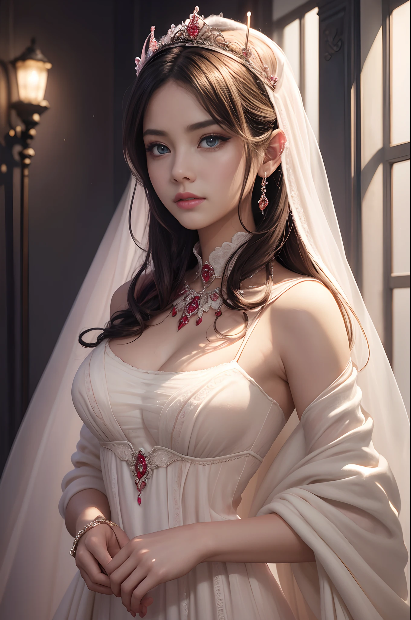 (masterpiece:1.2)、top-quality、(illustratio:1.2)、(ultra-detailliert)、Eye Focus、(Masterfully crafted Glow、pink lens flare)、(Cinematic background)、Hyper-detailing、(delicate detail)、(intricate detailes)、octan render、HDR、(Hyper-detailing:1.15)、(softlight:1.2)、Woman in a very beautiful red and white dress、Golden decoration(super model:1.3)、Woman made up of paint、entirely paint、Splat、Splash、Nero(cabelos preto e longos:1.1)、(radiant eyes)、((make - up))、(cinematic masterpiece)、Delicate and powerful、 (Cinematic headlight)、((Caustic))、dynamic ungle、Beautiful detailed glow、ambient occlusion、ambient lights、ray trace reflection、(best illumination、extremely delicate and beautiful)、((ciinematic light))、(The soft:2)、vivid、highly contrast、back lighting、huge tit、Complex detailed EABA、red cloak、Silver tiara