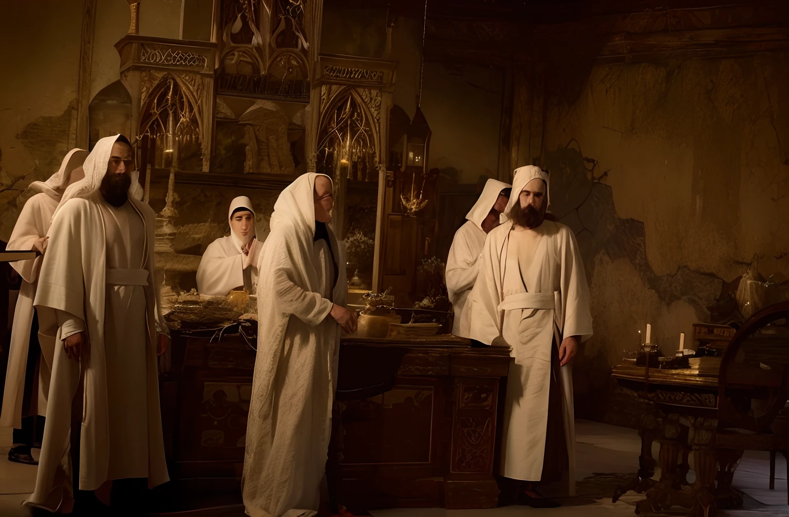several people in white robes are standing around a table, robed figures sat around a table, dressed in white robes, white robes, clad in robes, wearing white robes, ancient kings in white robes, covered in robes, wearing robes, flowing white robes, religious robes, golden-white robes, wearing white robes!, wearing flowing robes, in robes,Dark depiction 8K like photo,Dark atmosphere, Professional Photography, High resolution, Advanced analytics,Clearly draw the face of a person,