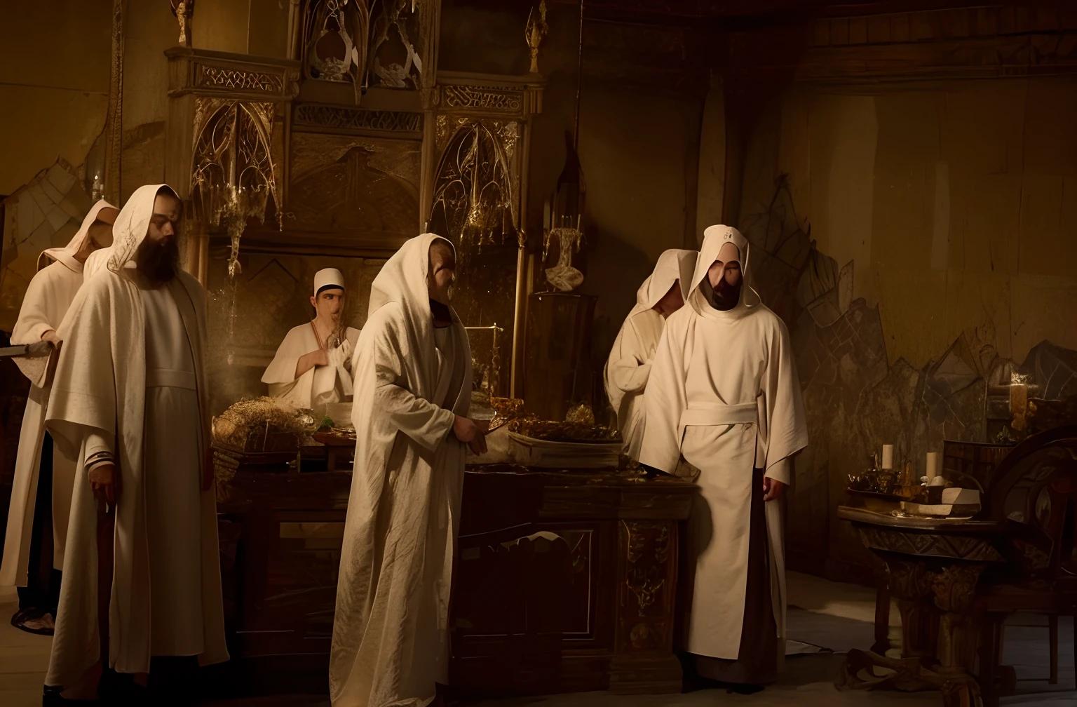 several people in white robes are standing around a table, robed figures sat around a table, dressed in white robes, white robes, clad in robes, wearing white robes, ancient kings in white robes, covered in robes, wearing robes, flowing white robes, religious robes, golden-white robes, wearing white robes!, wearing flowing robes, in robes,Dark depiction 8K like photo,Dark atmosphere, Professional Photography, High resolution, Advanced analytics,Clearly draw the face of a person,