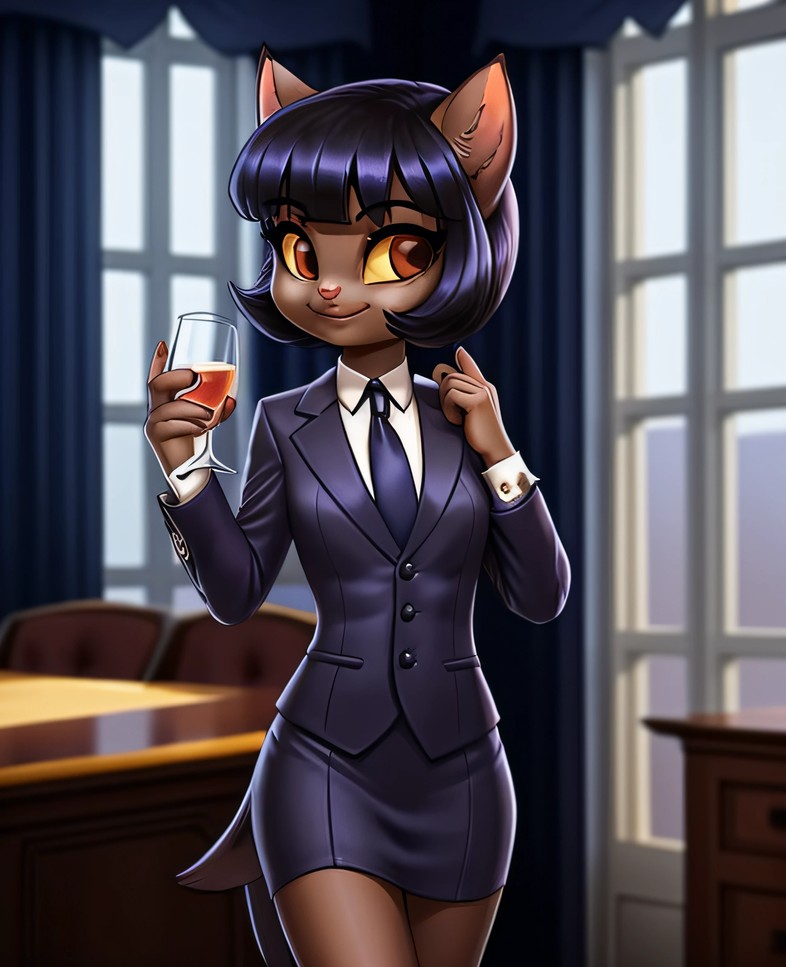 female, (Detailed face), (solo:1.1), [(thin:1.1) : small petite : (ivy pepper):4], (Detailed face), (more details, detailed background:1.1), (tail:1.1), smile, holding a glass in hand, skirt suit, suit and tie, (((three-piece suit))), silk dress shirt, shirt and tie, necktie, ((blazer)), ((suit jacket)) ((waistcoat)), bodycon miniskirt