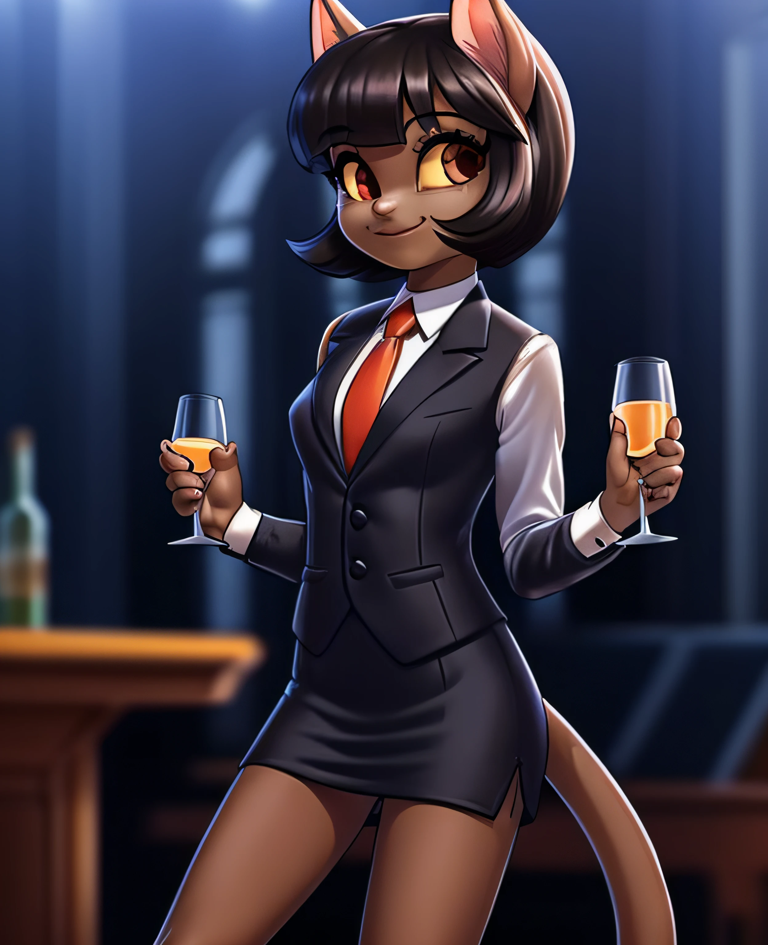 female, (Detailed face), (solo:1.1), [(thin:1.1) : small petite : (ivy pepper):4], (Detailed face), (more details, detailed background:1.1), (tail:1.1), smile, holding a glass in hand, skirt suit, suit and tie, (((three-piece suit))), silk dress shirt, shirt and tie, necktie, ((blazer)), ((suit jacket)) ((waistcoat)), bodycon miniskirt