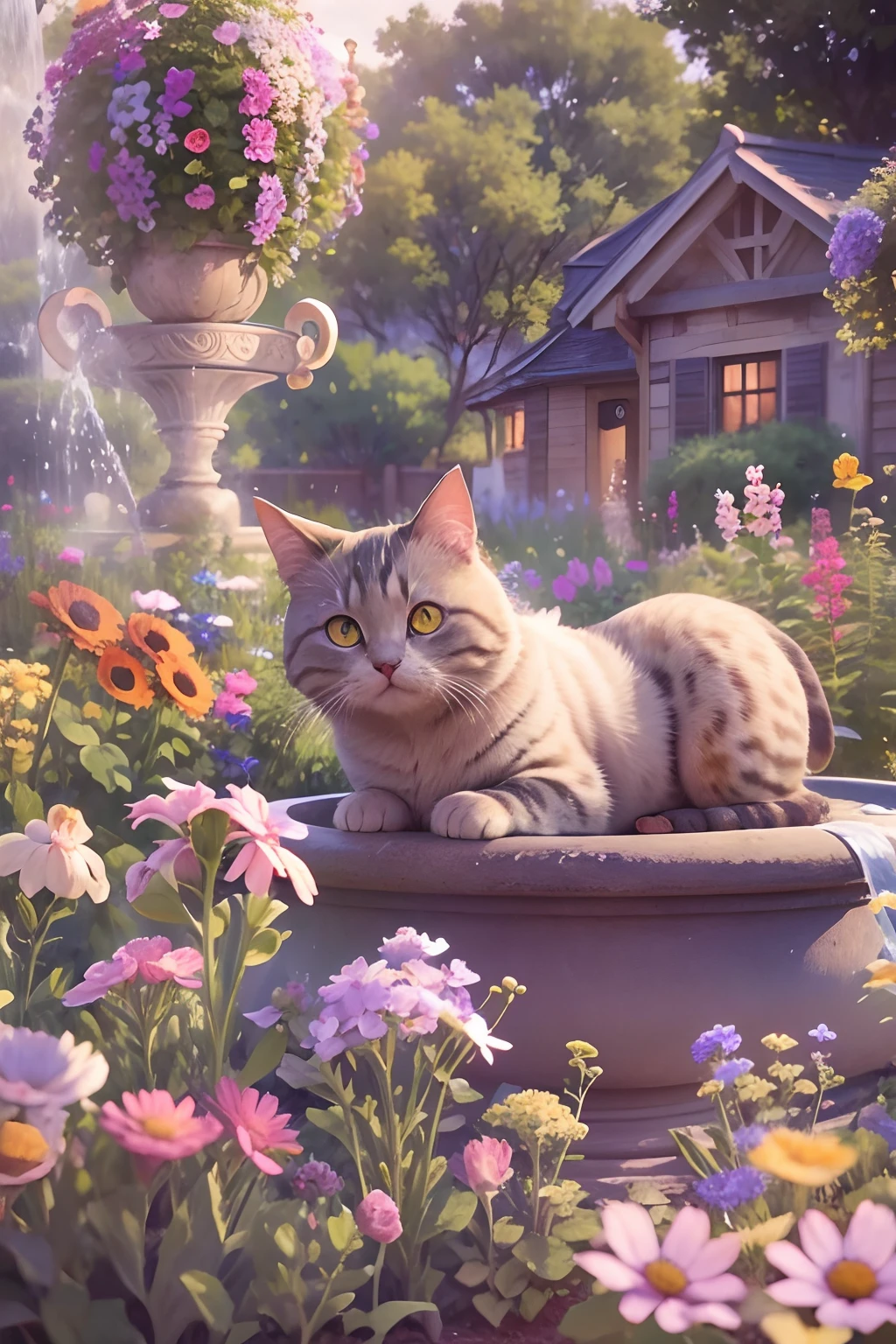 A round-eyed cute cat, Garden fountain, wildflowers, Distant houses