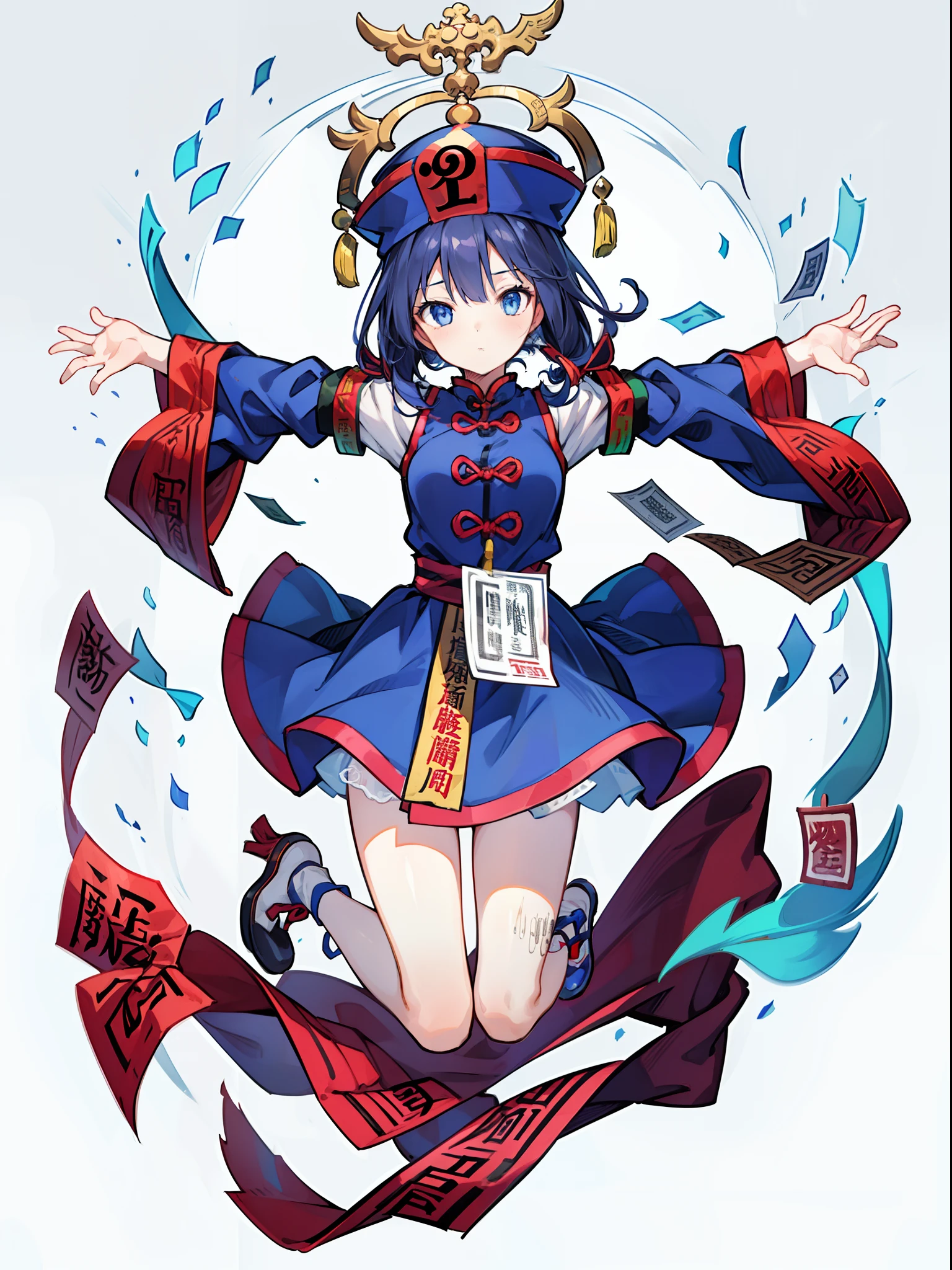 1 girl, ((Jiangshi costume)), character focus, close to viewer, cowboy shot, jumping, put arms forward, many bills, black long hair, growing eyes, background chinese taste  ,white background, full body,high resolution,(incredibly absurdres),anime visual,extremely detailed CG unity 8k wallpaper, ((masterpiece)), ((top-quality)), (beautiful illustration), ((an extremely delicate and beautiful))