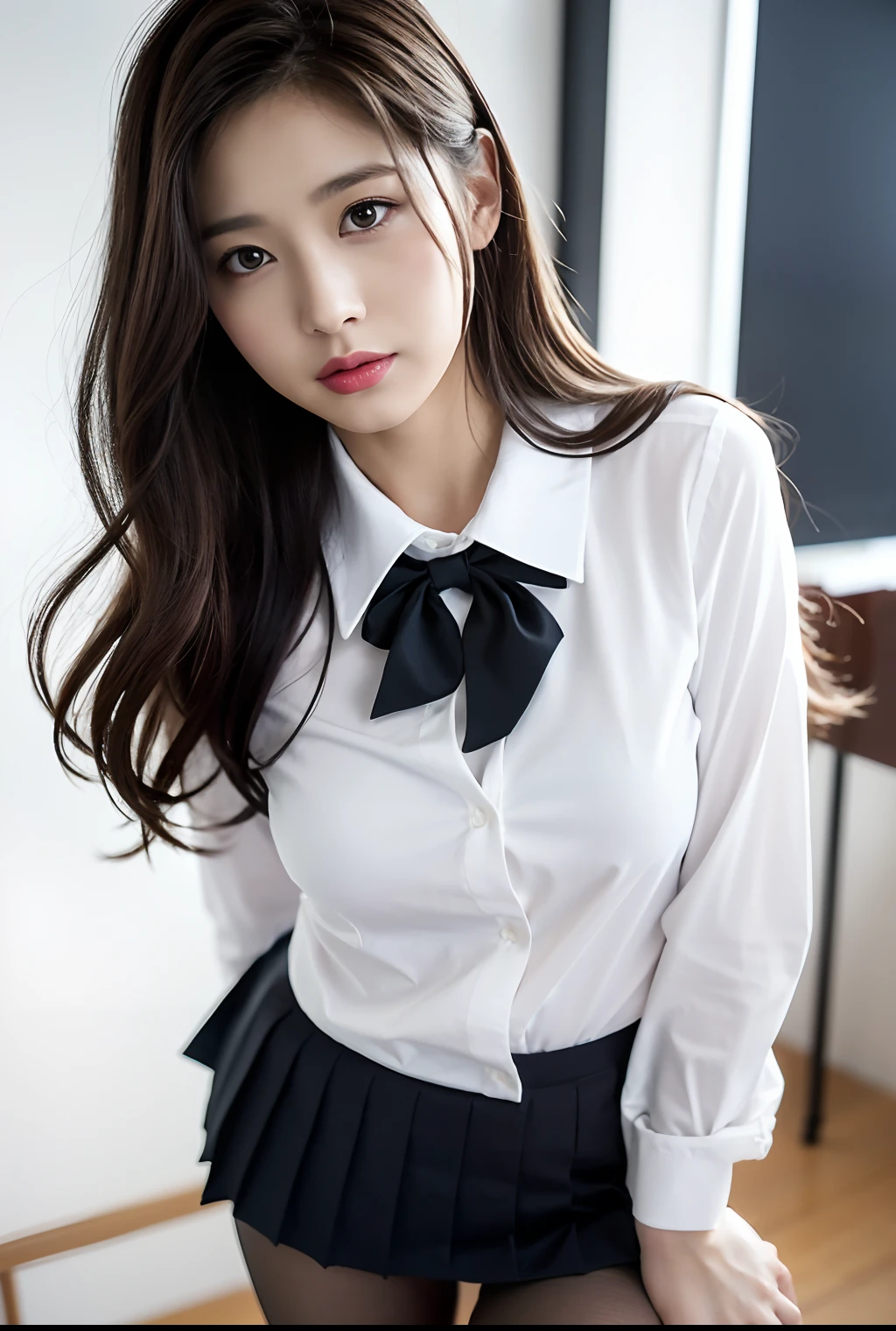 School uniform,pantyhose,Cute,Mature Young,Super,Full body,nice perfect face with soft skin perfect face,gorgeous long wavy brown-haired,8K resolution,Ultra-realistic,Ultra-detailed,hightquality,huge-breasted:1.7)